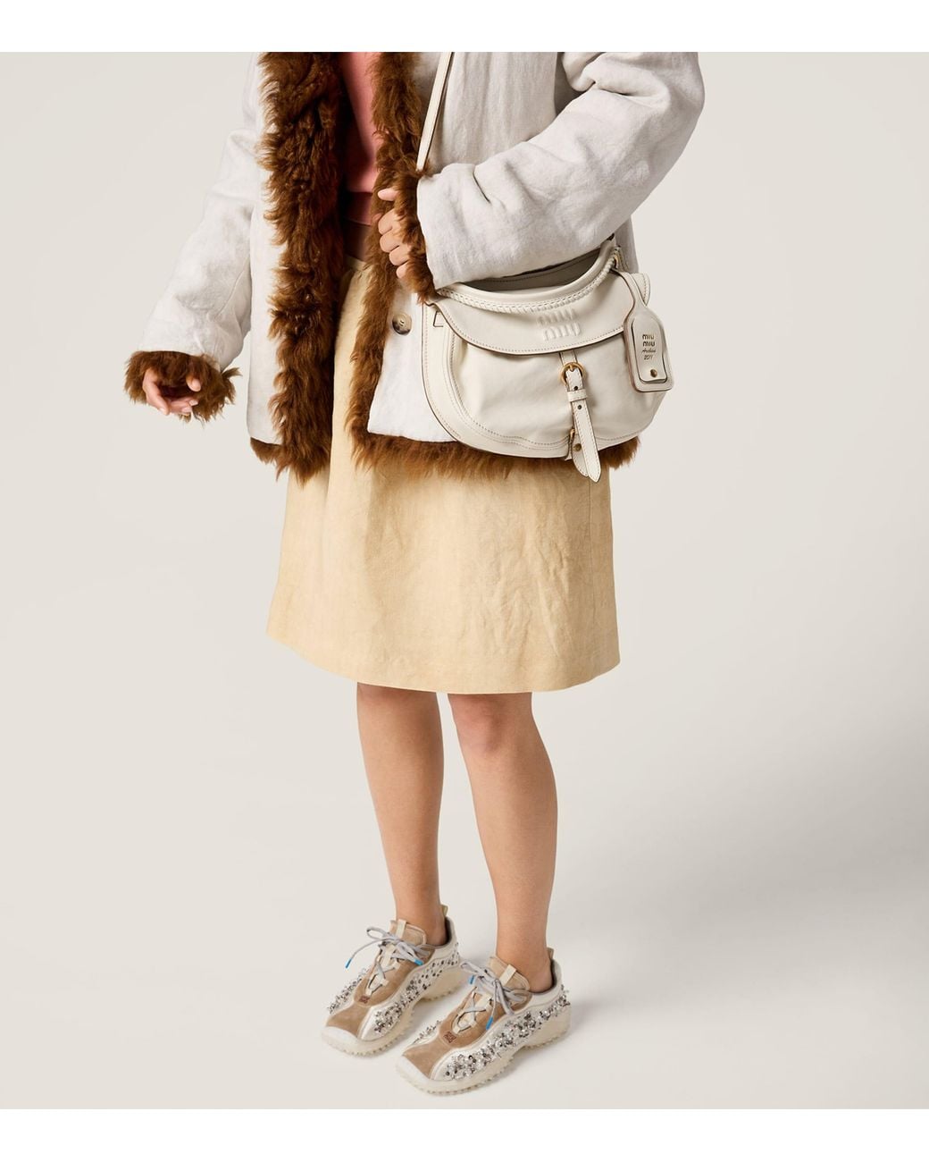 Miu Miu Natural Linen Frayed-Logo Mini Skirt