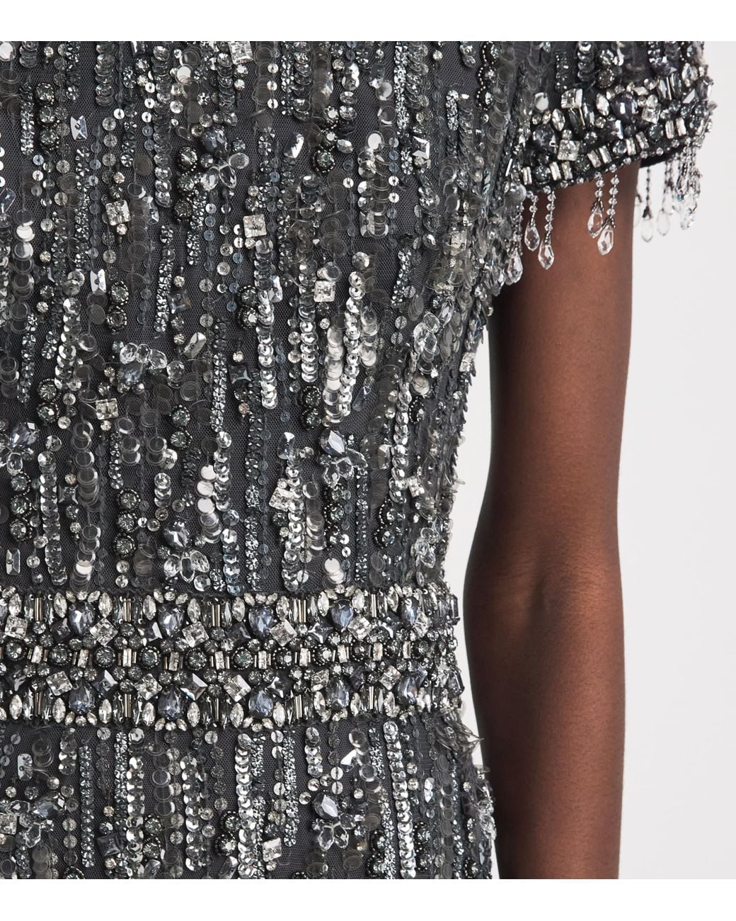 Jenny Packham Gray Short-Sleeve Rhinestone Maxi Dress