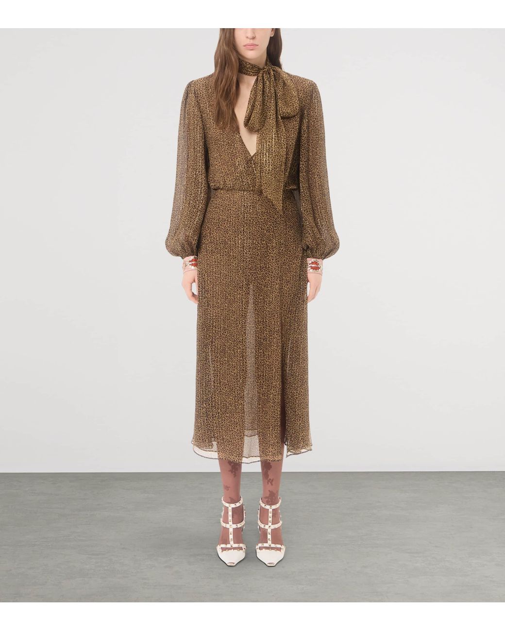 Valentino Brown Silk-Blend Embellished-Cuff Midi Dress