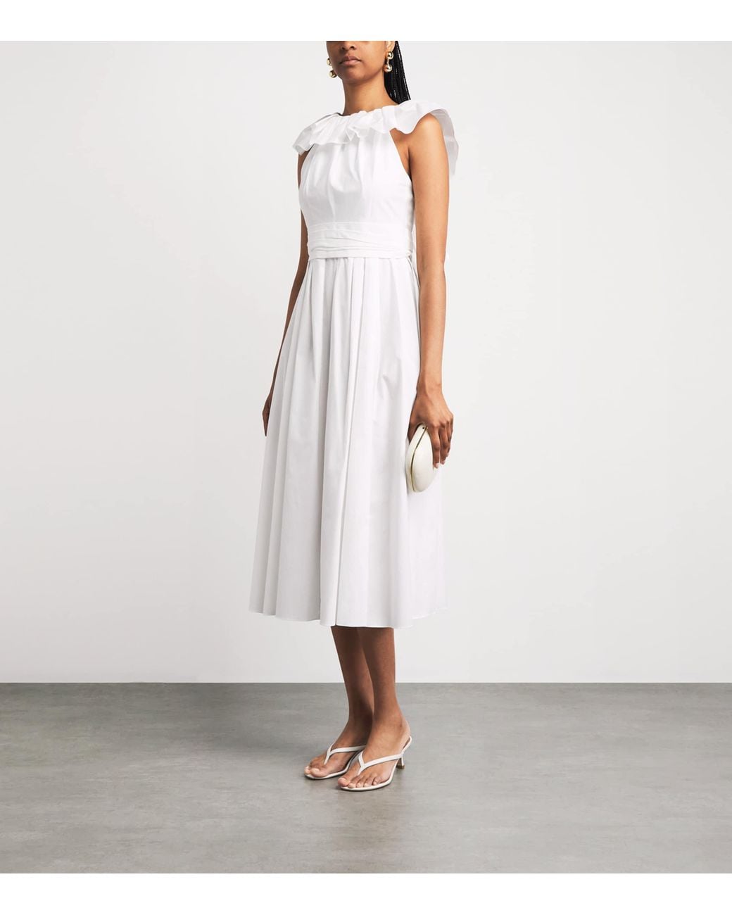Carolina Herrera White Ruffle-Neck Midi Dress