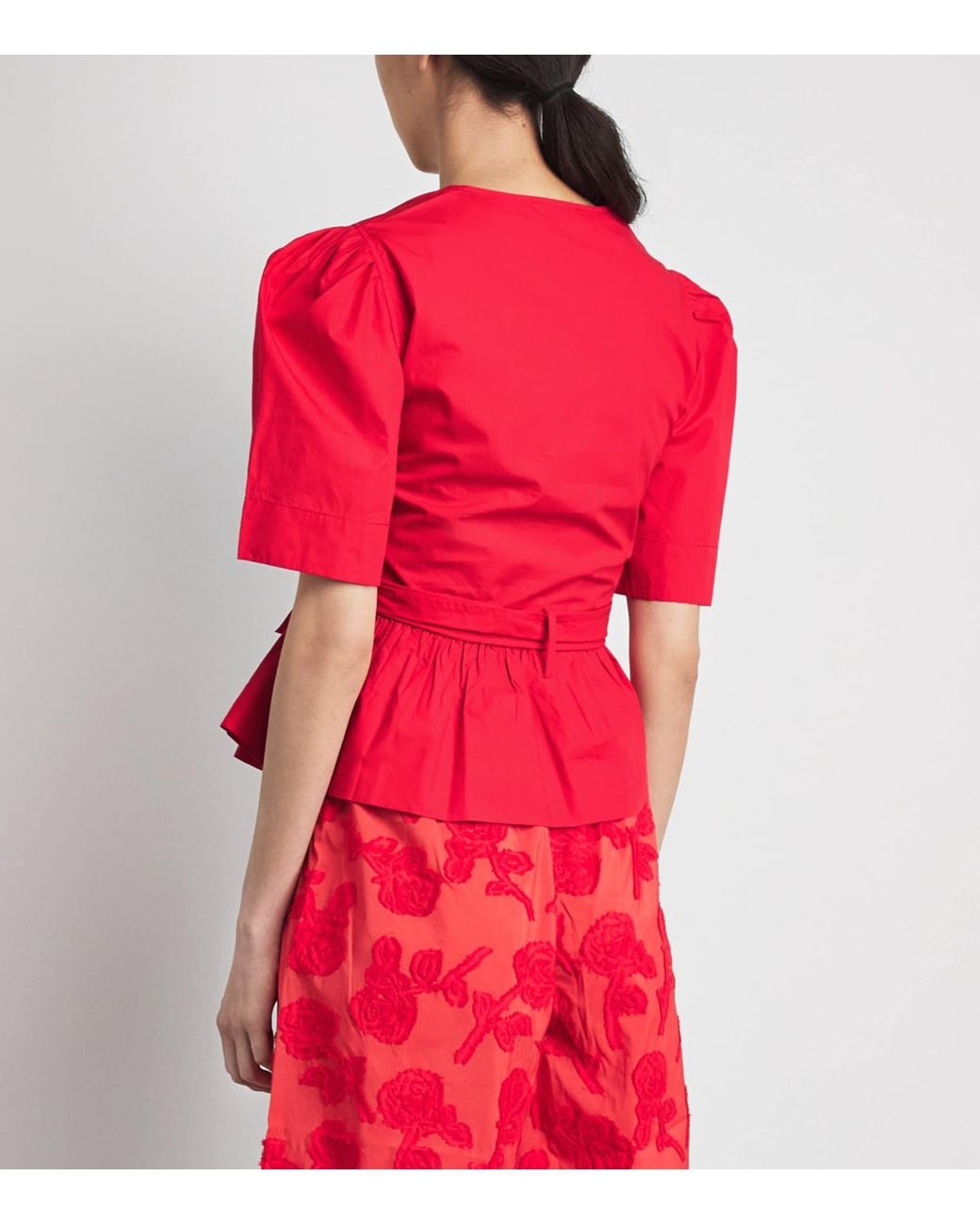 Ganni Red Cotton Bow-Detail Blouse