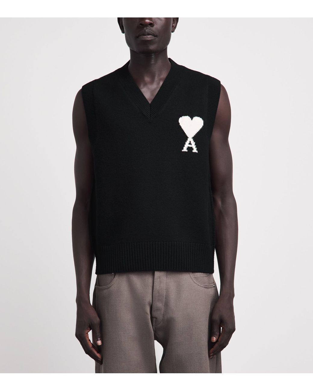 AMI Black Wool Logo Sweater Vest for men