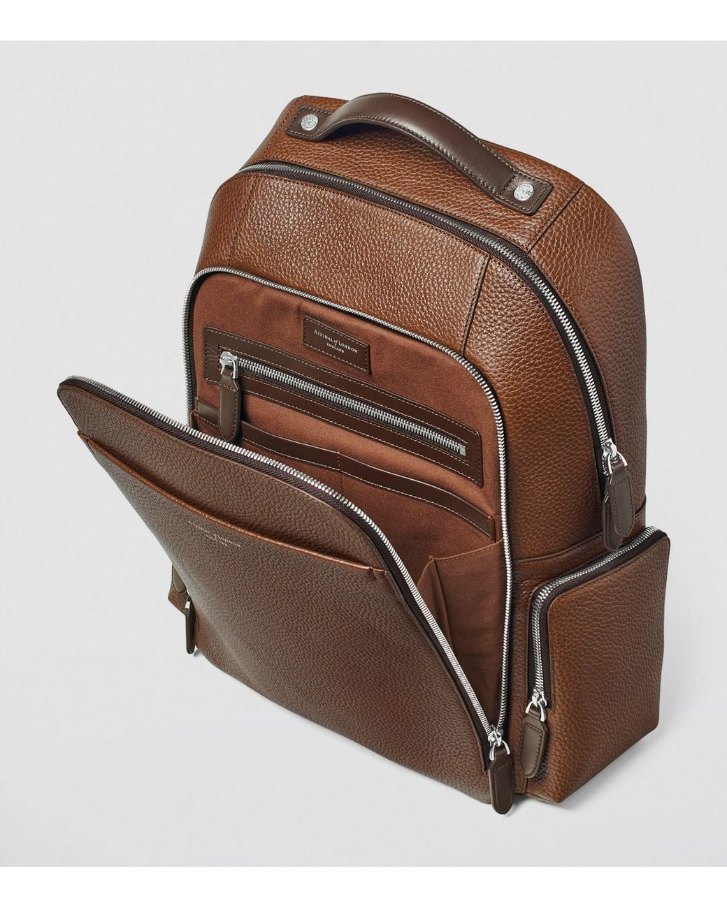 Aspinal Brown Pebble Leather Reporter Zipped Backpack