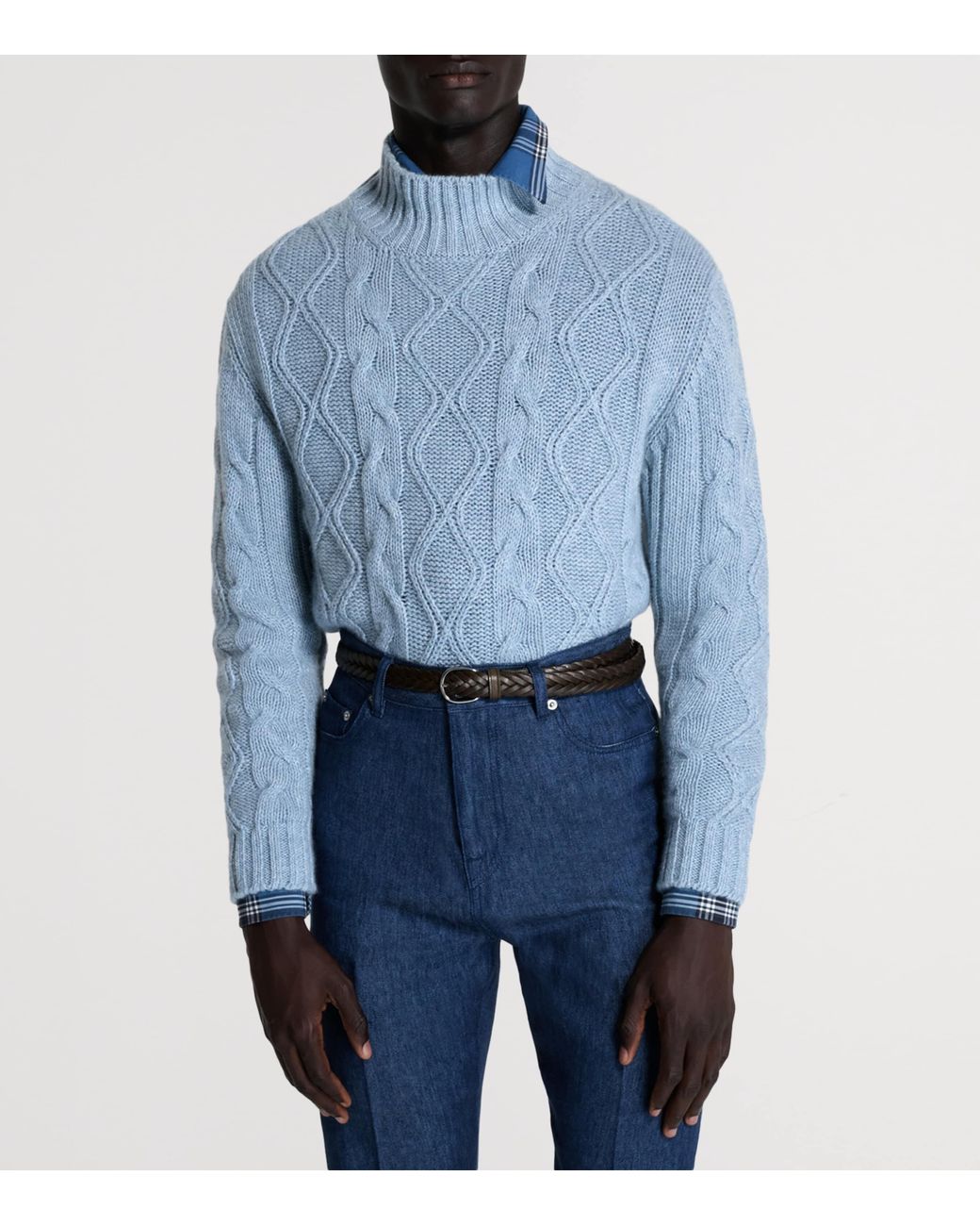 Dunhill Blue Cashmere-Blend Aran Cable-Knit Sweater for men