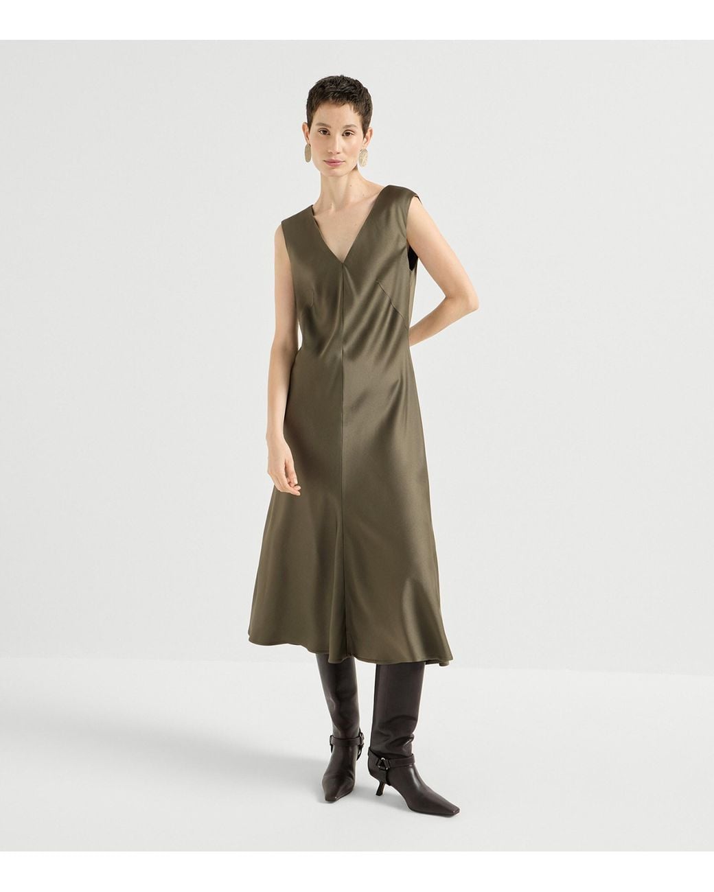Brunello Cucinelli Green Satin Cady Flared Midi Dress