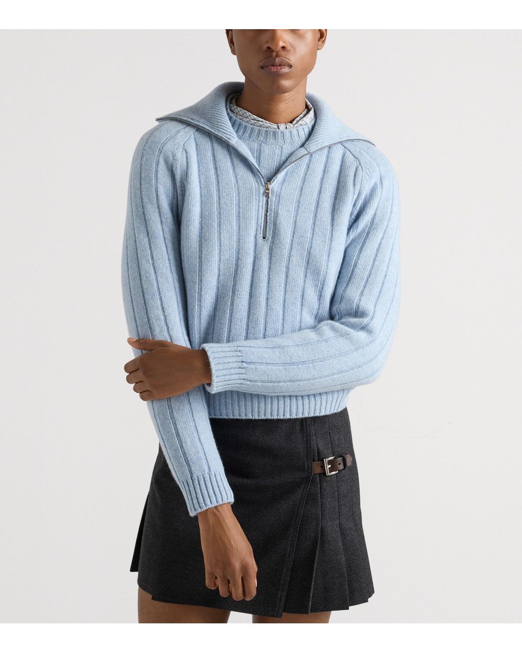 Prada Blue Re-Cashmere Quarter-Zip Sweater