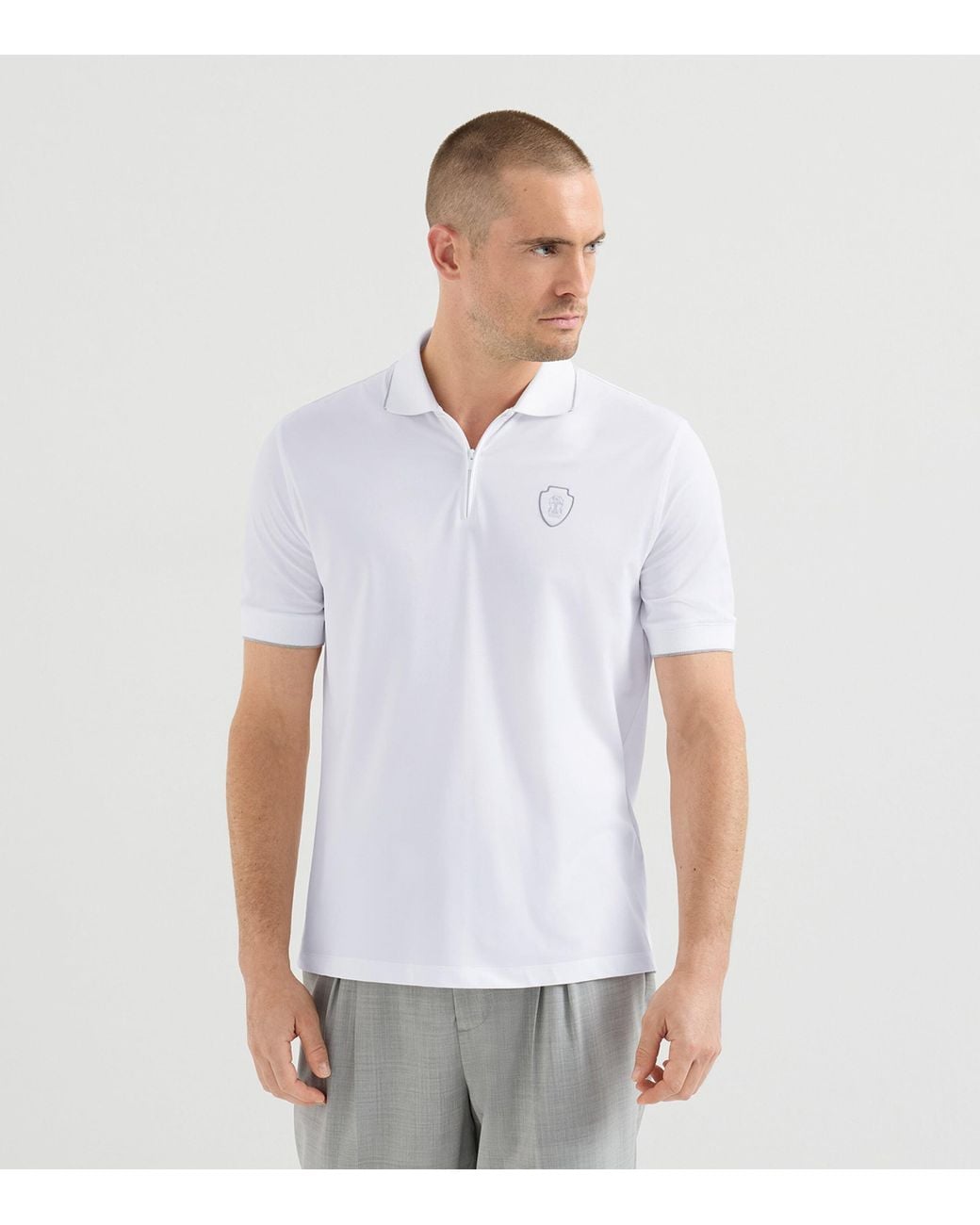 Brunello Cucinelli White Technical Crest Zip-Up Polo Shirt for men