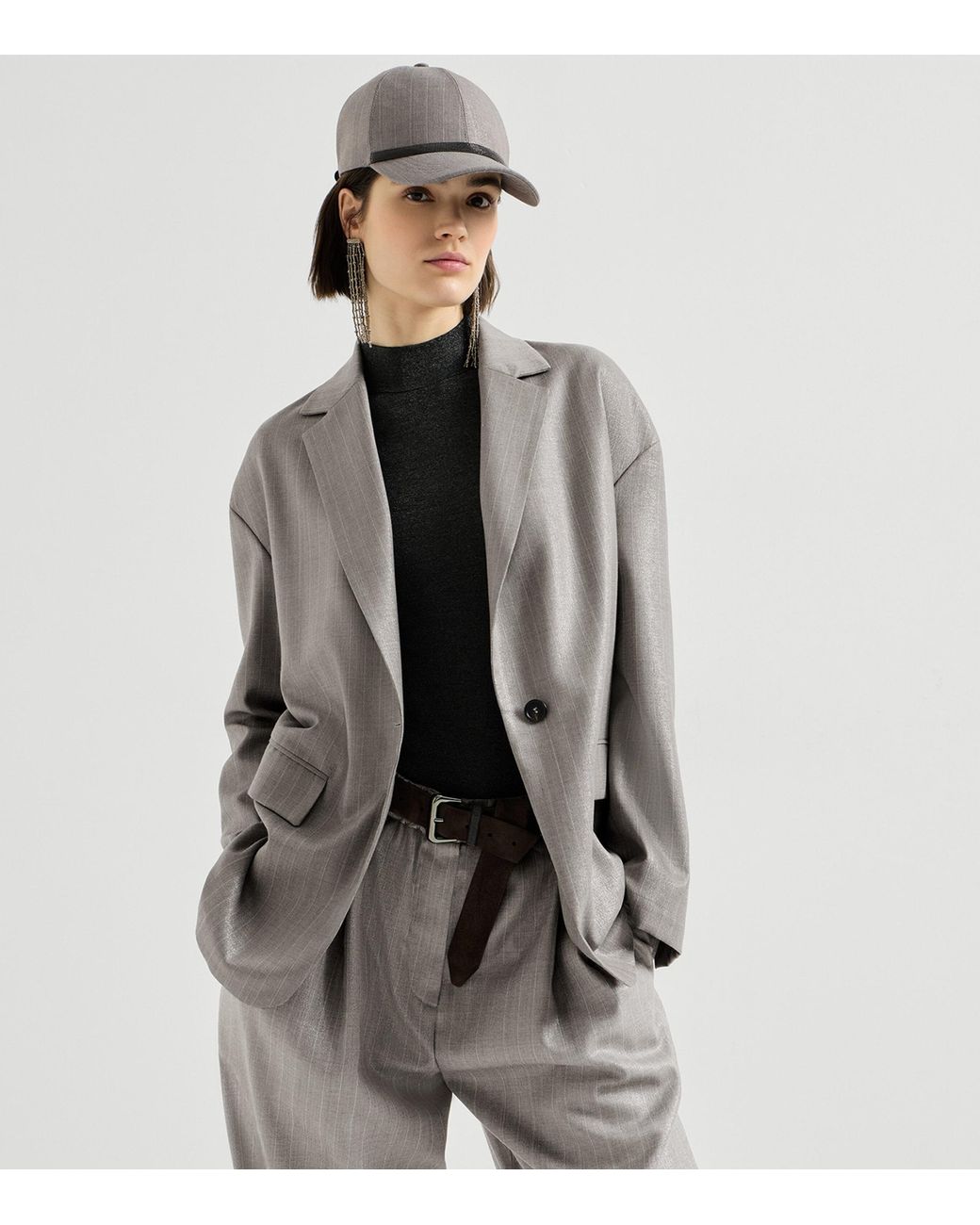 Brunello Cucinelli Gray Virgin Wool-Blend Pinstripe Monili Blazer