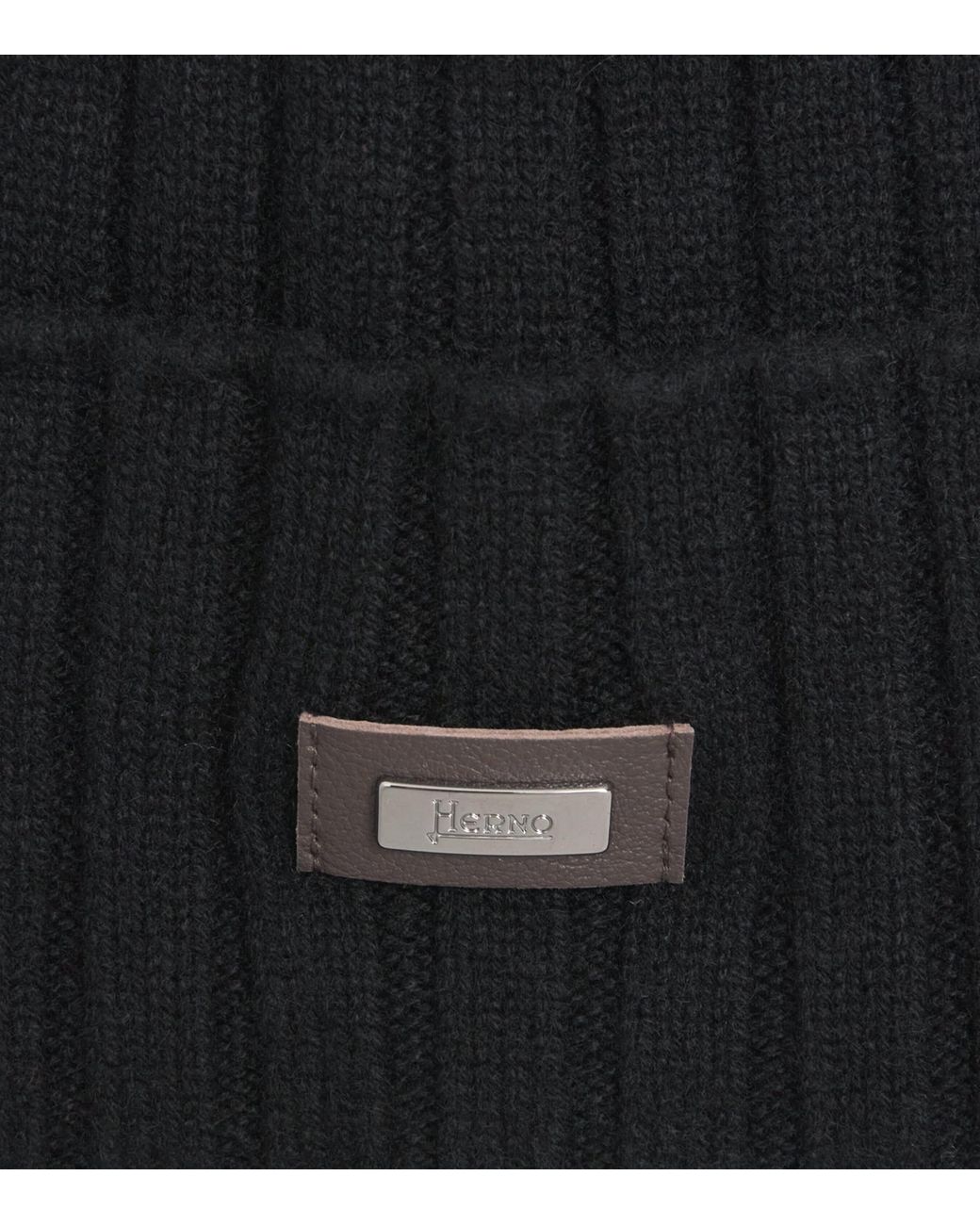 Herno Black Cashmere Logo Patch Beanie for men