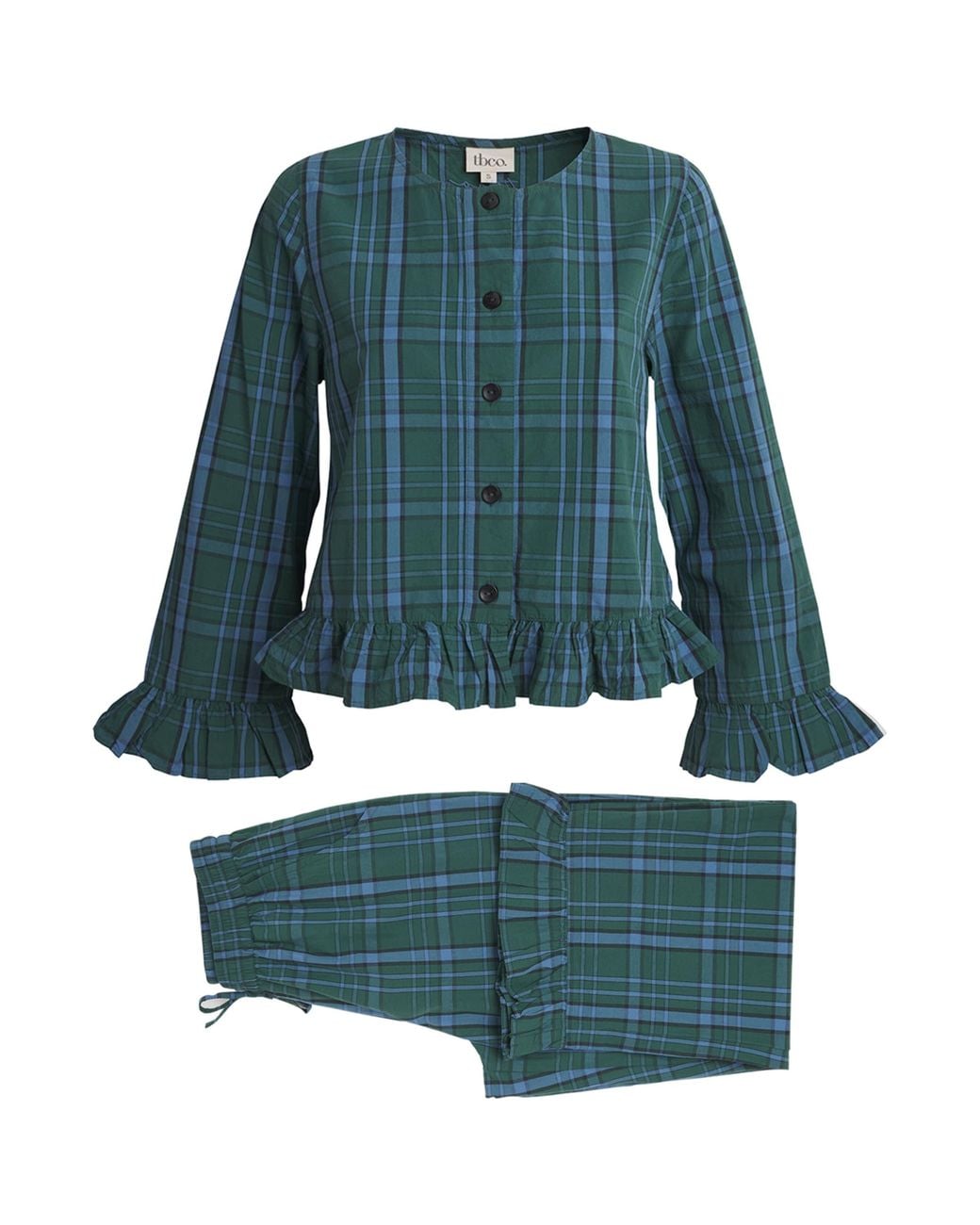 TBCo Blue Cotton Tartan Ruffle Pyjama Set