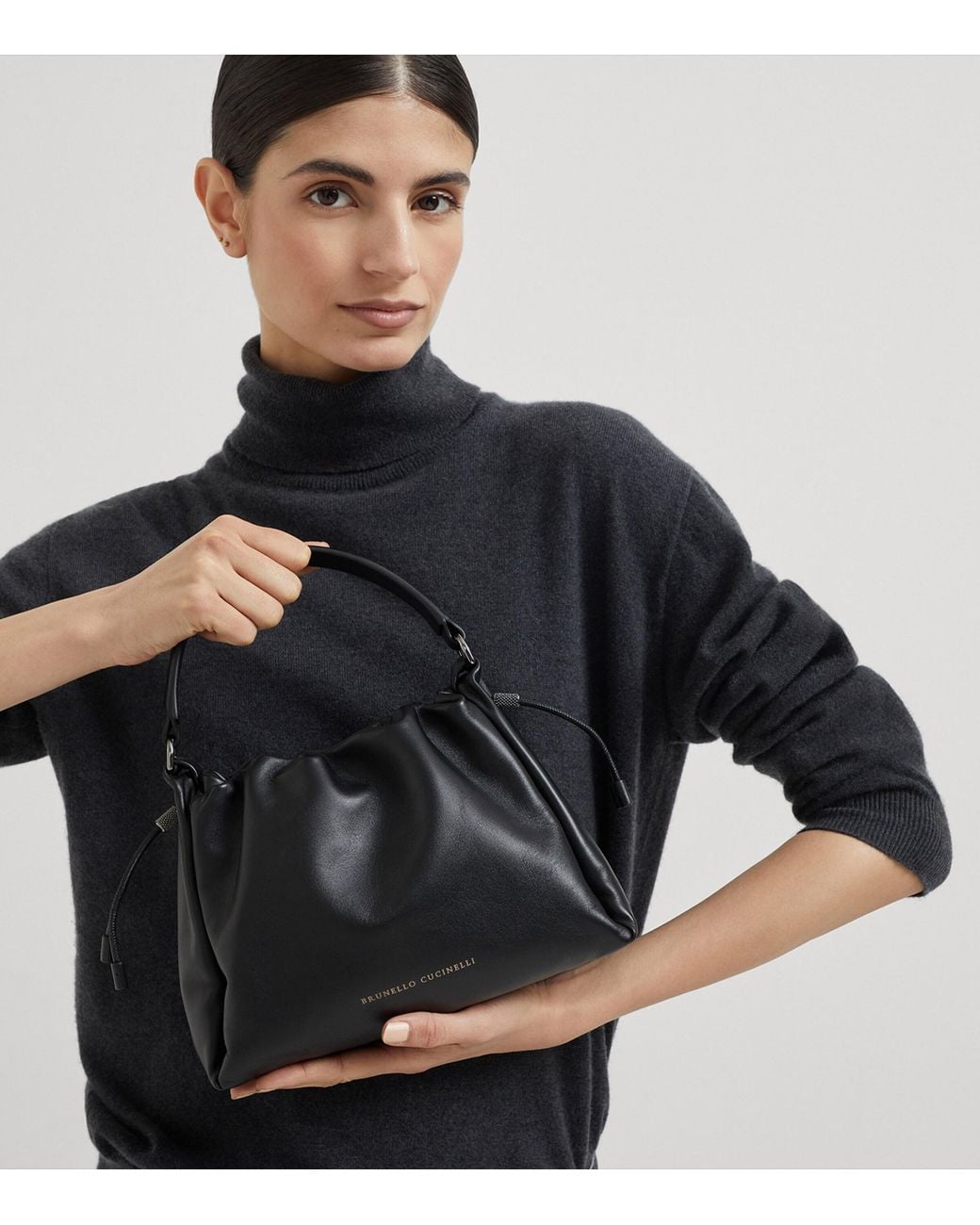 Brunello Cucinelli Black Small Leather Mellow Bucket Bag