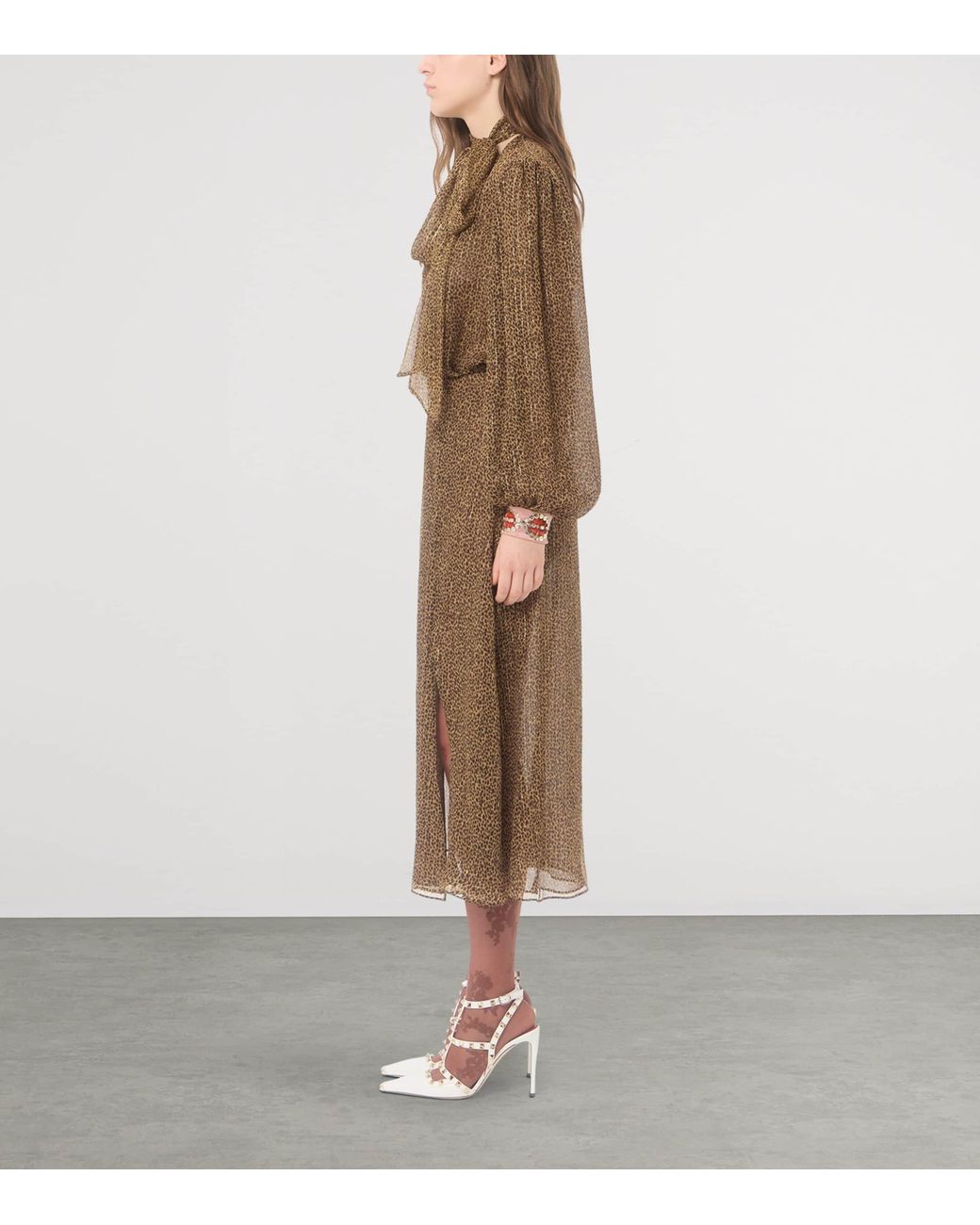 Valentino Brown Silk-Blend Embellished-Cuff Midi Dress