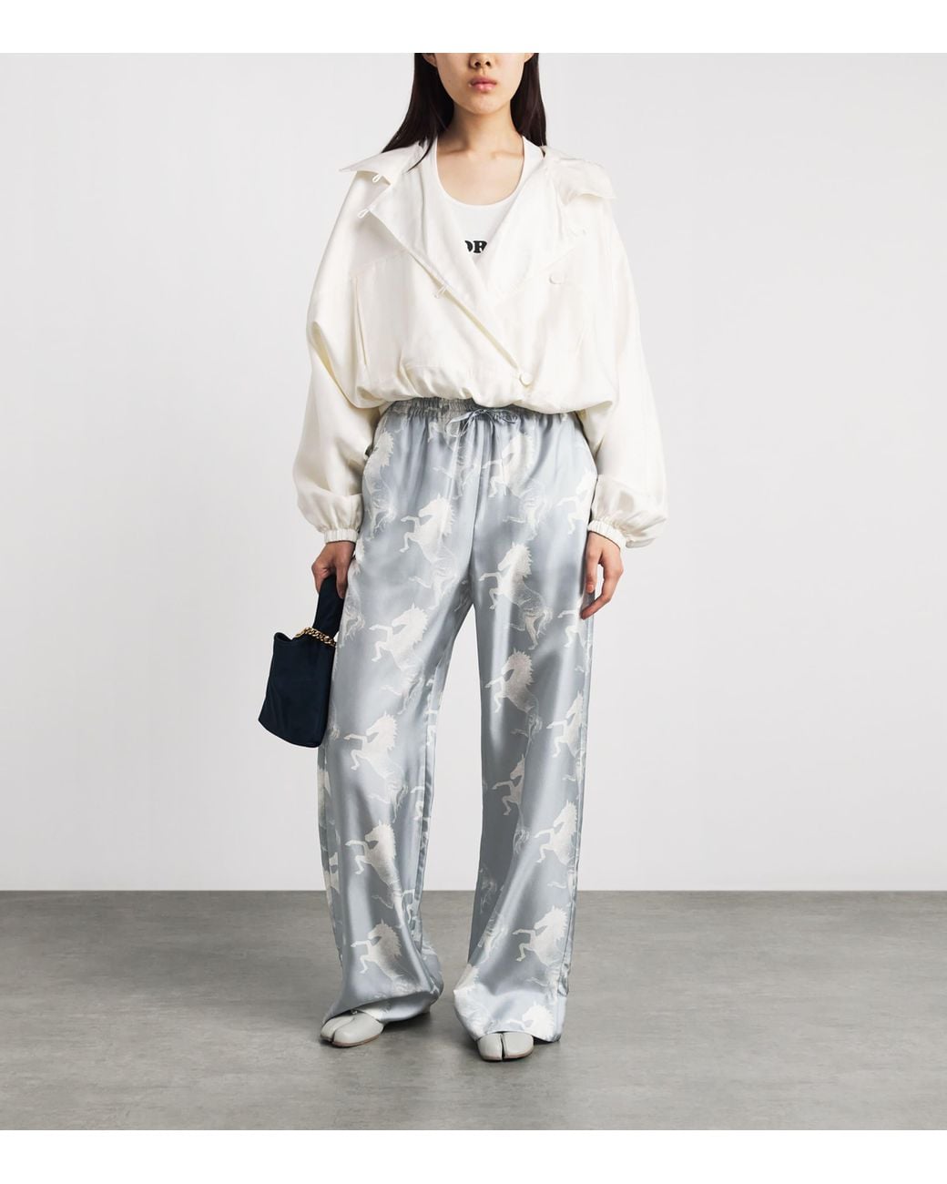 Stella McCartney Gray Silk Horse Print Wide-Leg Trousers