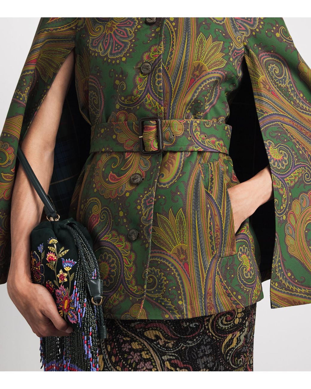 Etro Green Cotton Gabardine Paisley Cape Jacket
