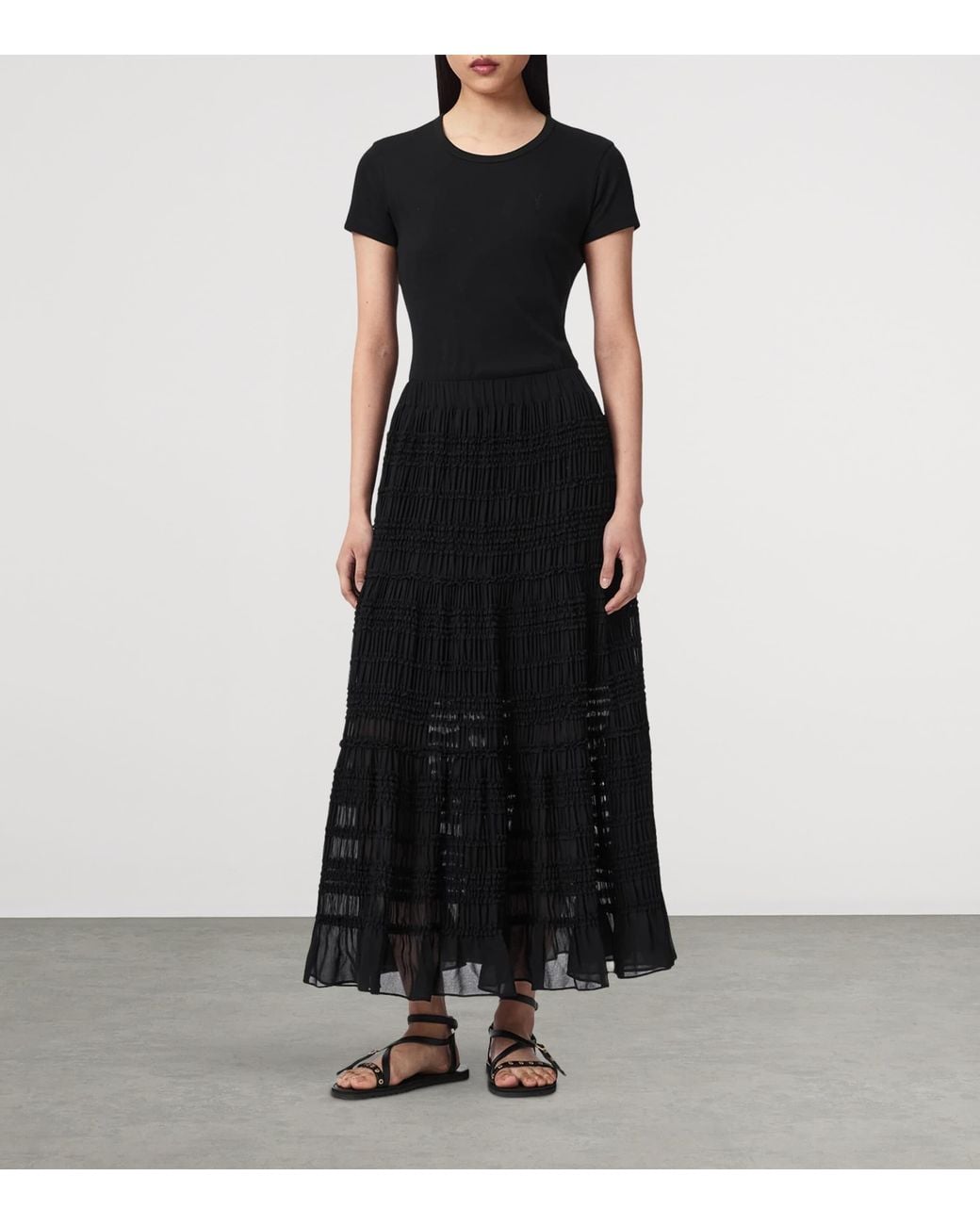 AllSaints Black Shirred Lotus Maxi Skirt