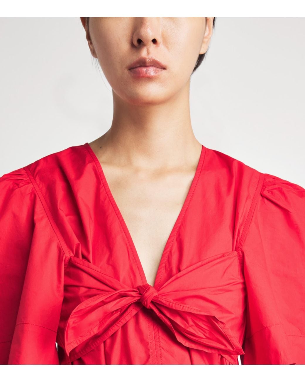 Ganni Red Cotton Bow-Detail Blouse