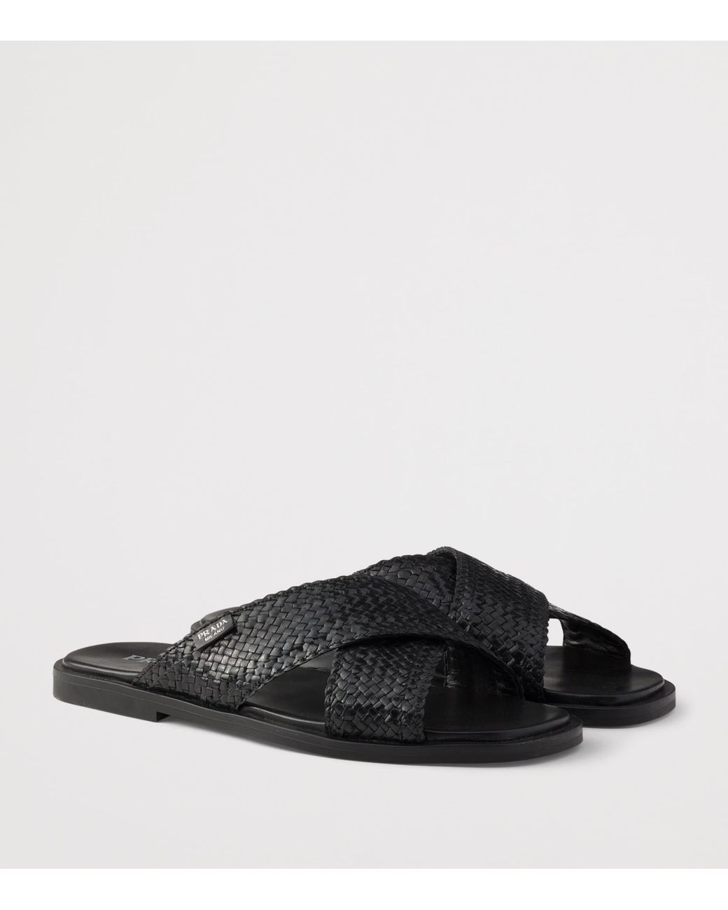Prada Black Leather Woven Crisscross Sandals for men