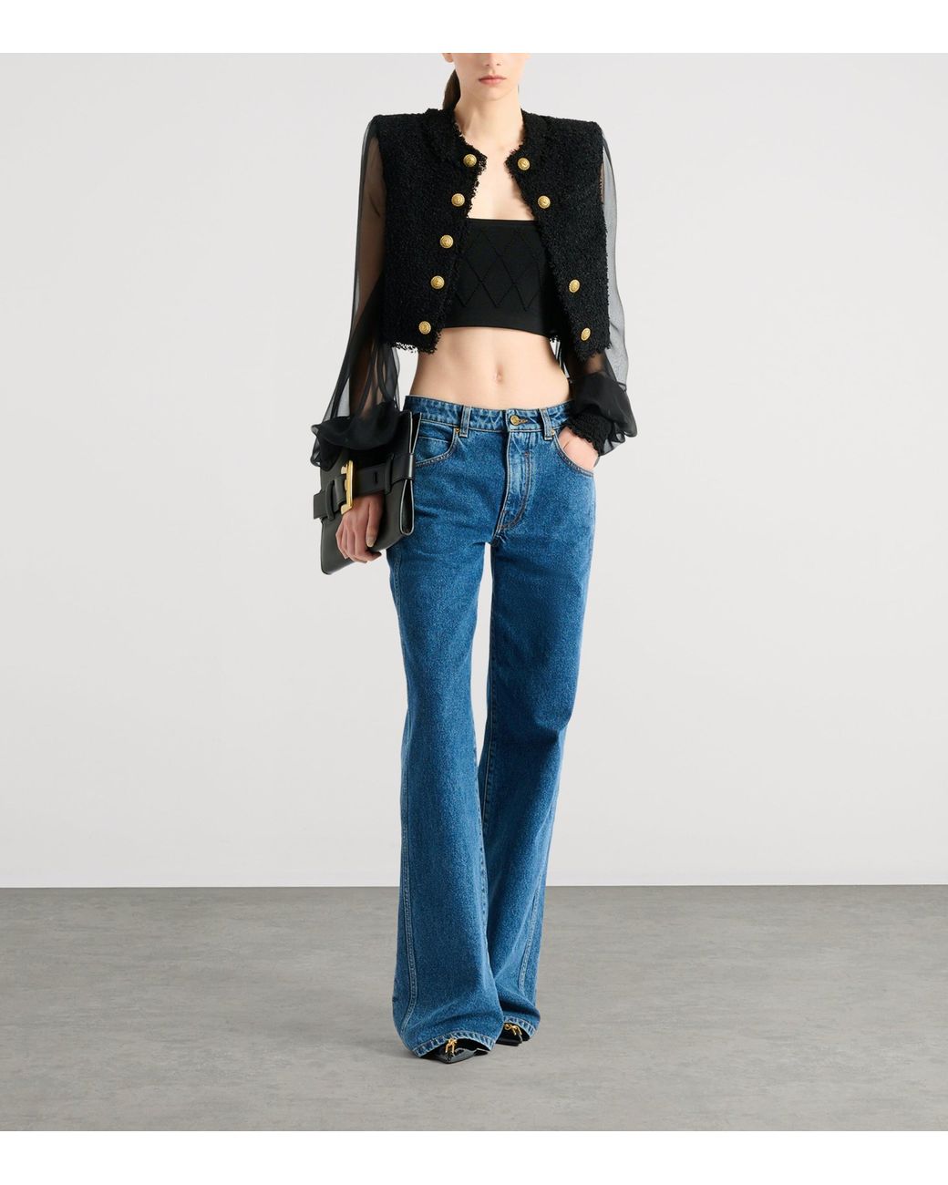Balmain Black Tweed Muslin-Sleeve Blouse