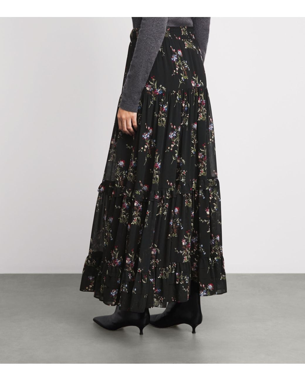 ME+EM Black Tiered Floral Maxi Skirt