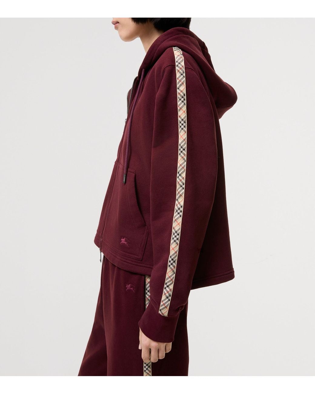 Burberry Purple Cotton Check-Trim Zip-Up Hoodie
