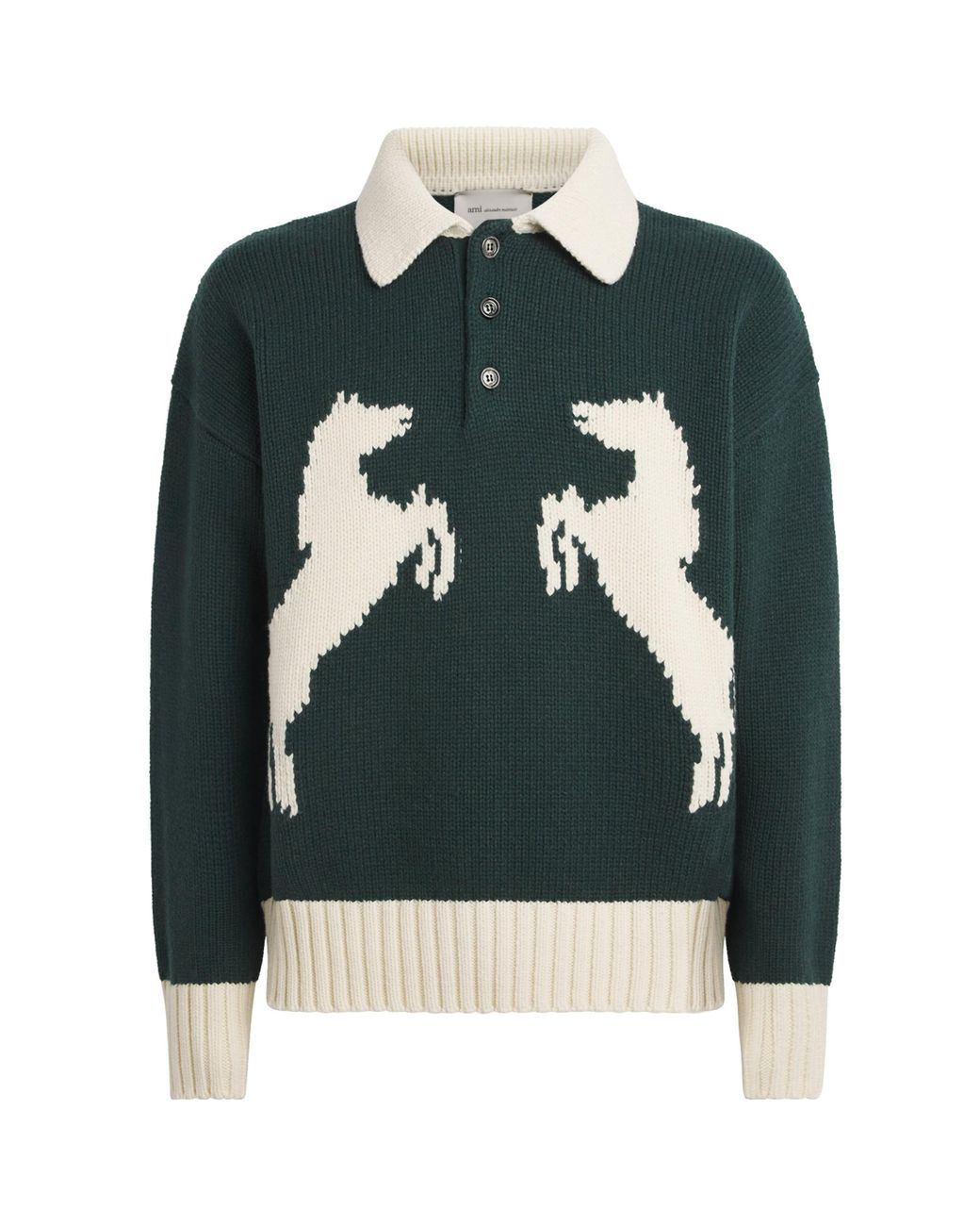 AMI Green Wool-Blend Intarsia Polo Sweater for men