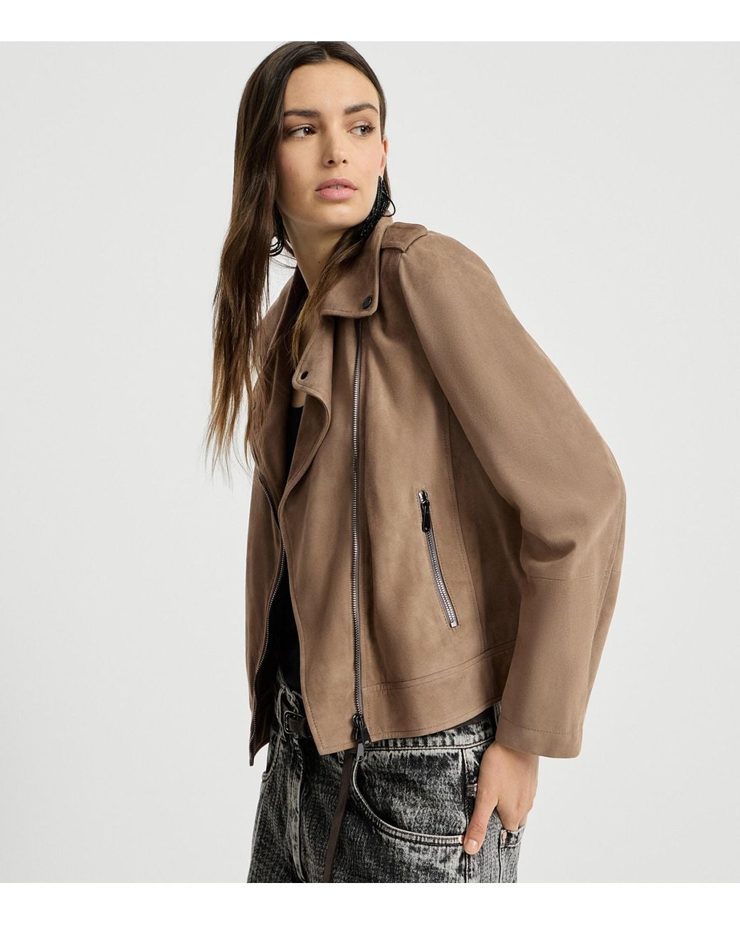 Brunello Cucinelli Brown Suede Biker Jacket