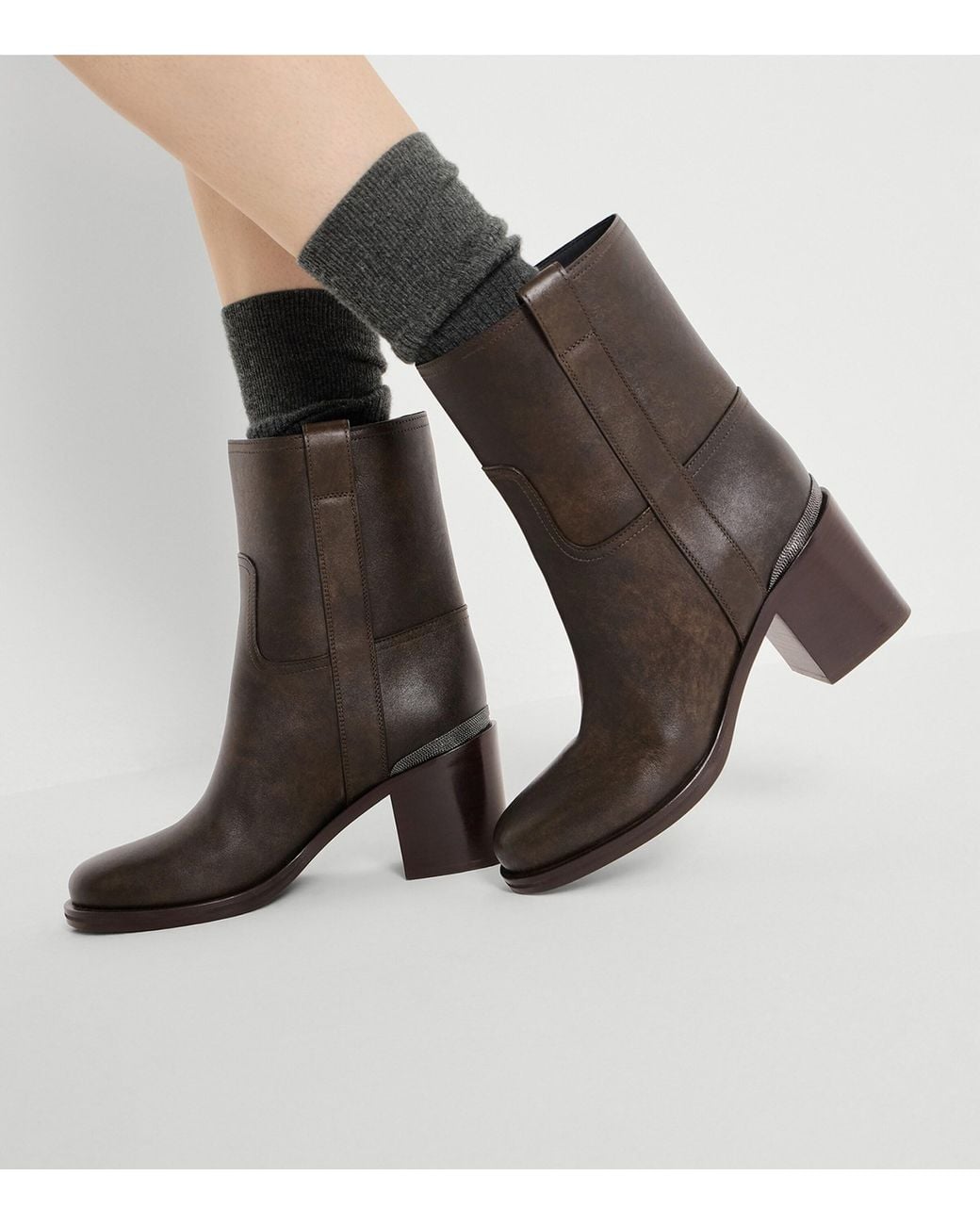 Brunello Cucinelli Brown Leather Heeled Ankle Boots 60