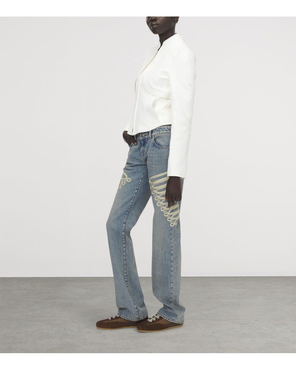 McQueen White Floral Embroidered Leather Jacket