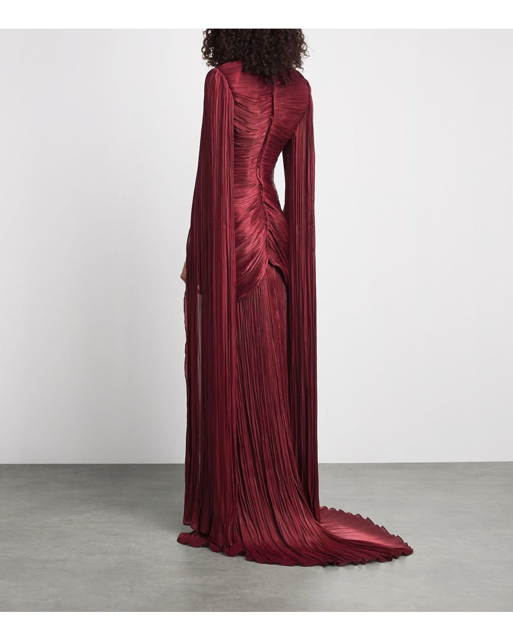 Marmar Halim Red Satin Pleated Cape Gown