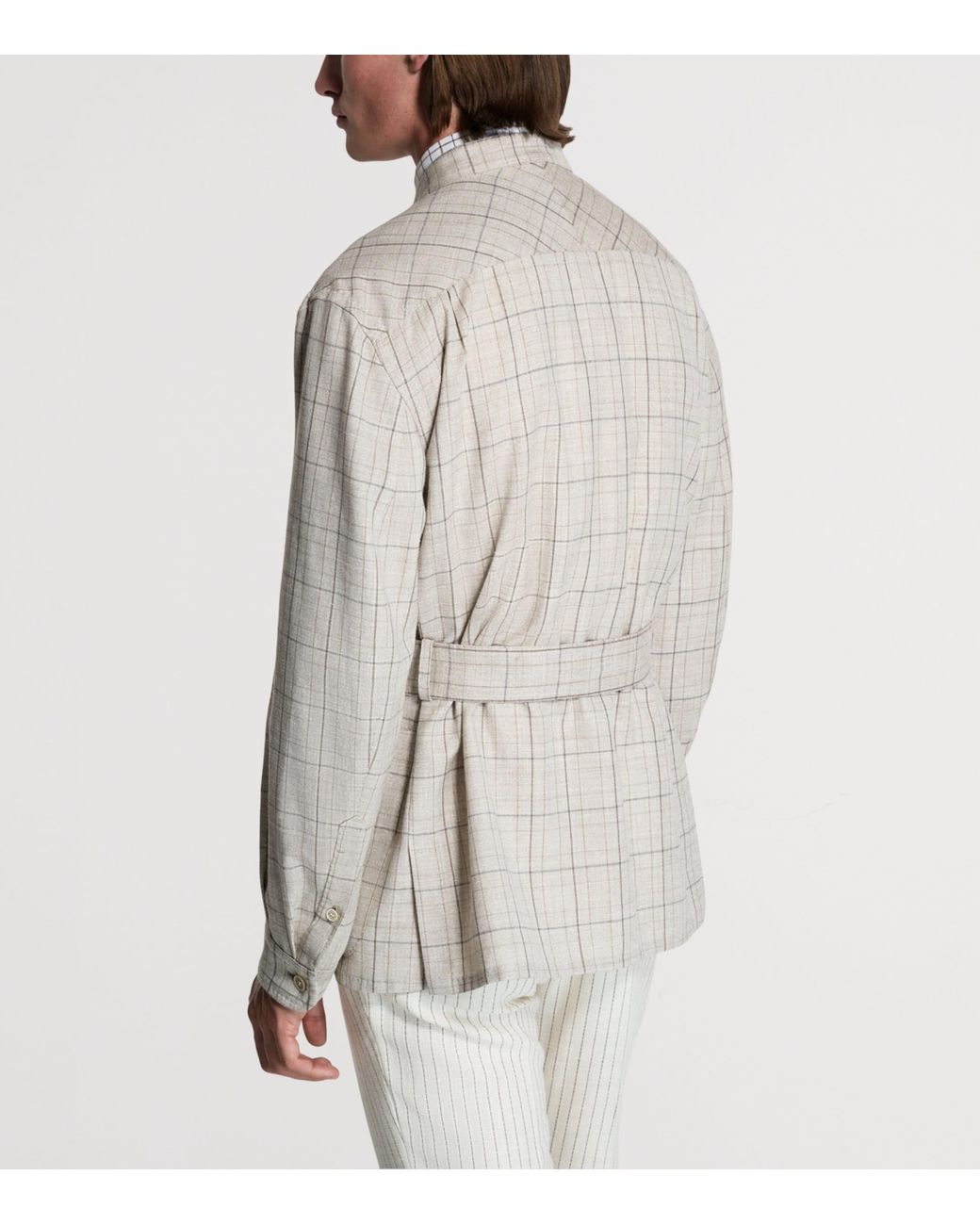 Dunhill Natural Wool-Silk-Linen Check Belted Jacket for men