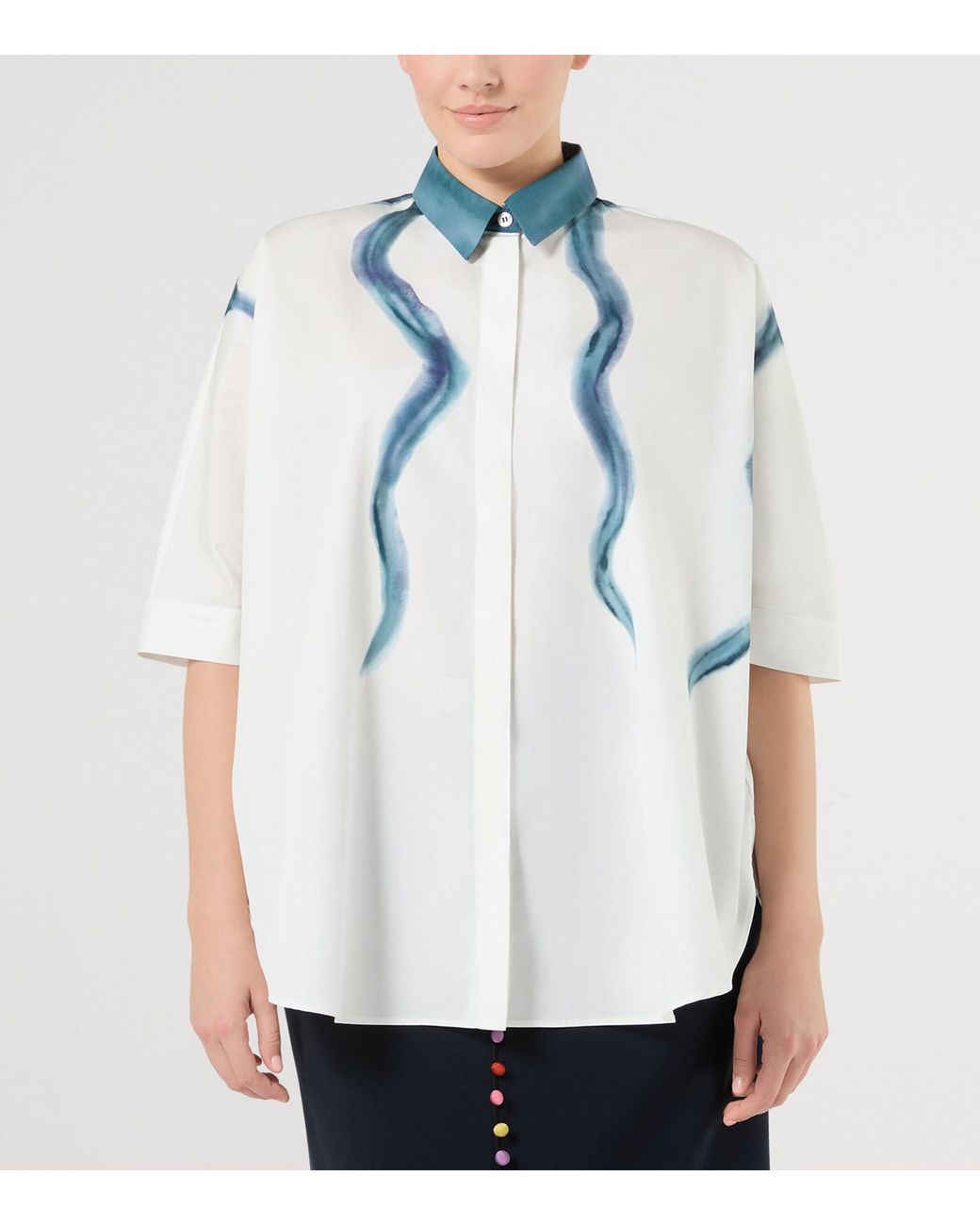 Marina Rinaldi Blue Cotton Printed Short-Sleeve Shirt