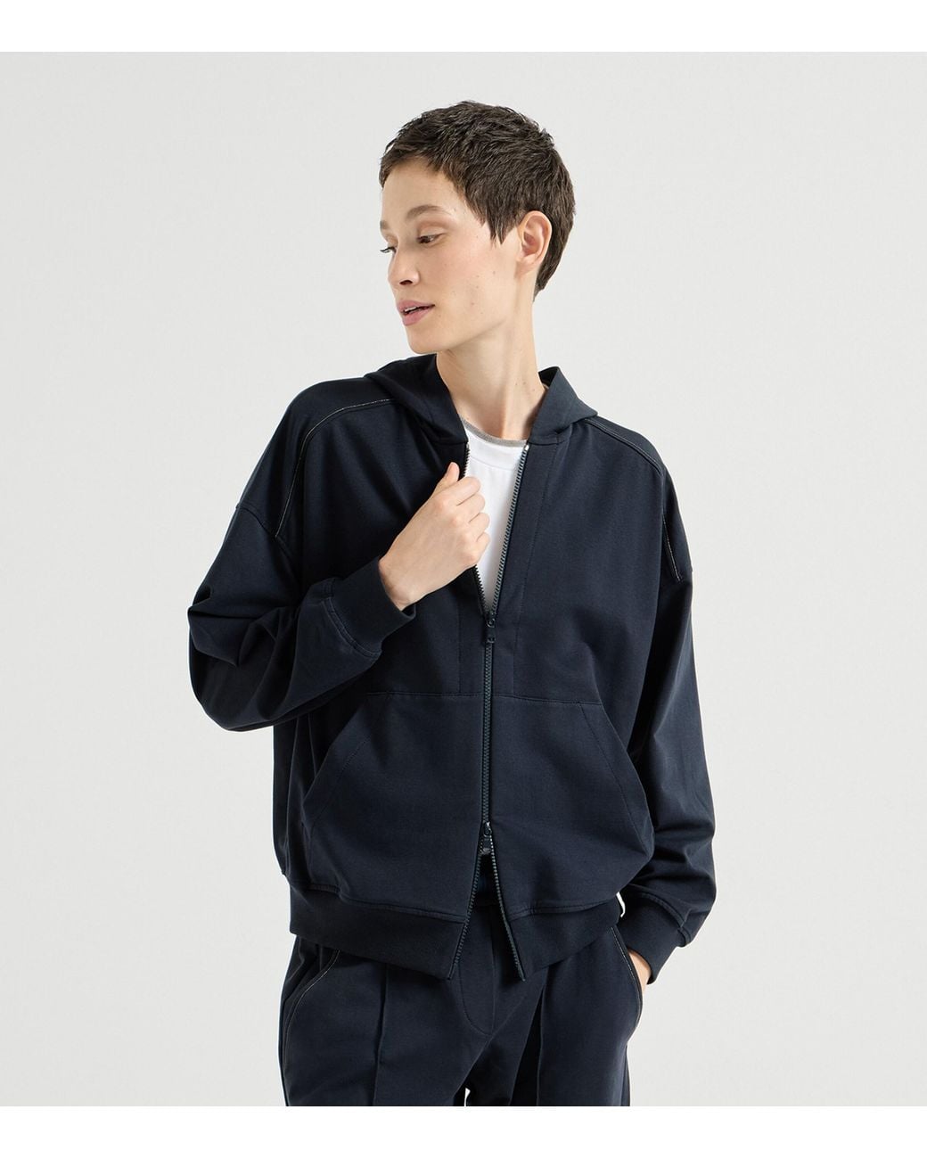 Brunello Cucinelli Blue Stretch-Cotton Zip-Up Hoodie