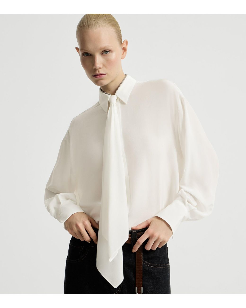 Brunello Cucinelli White Silk Tie-Detail Shirt