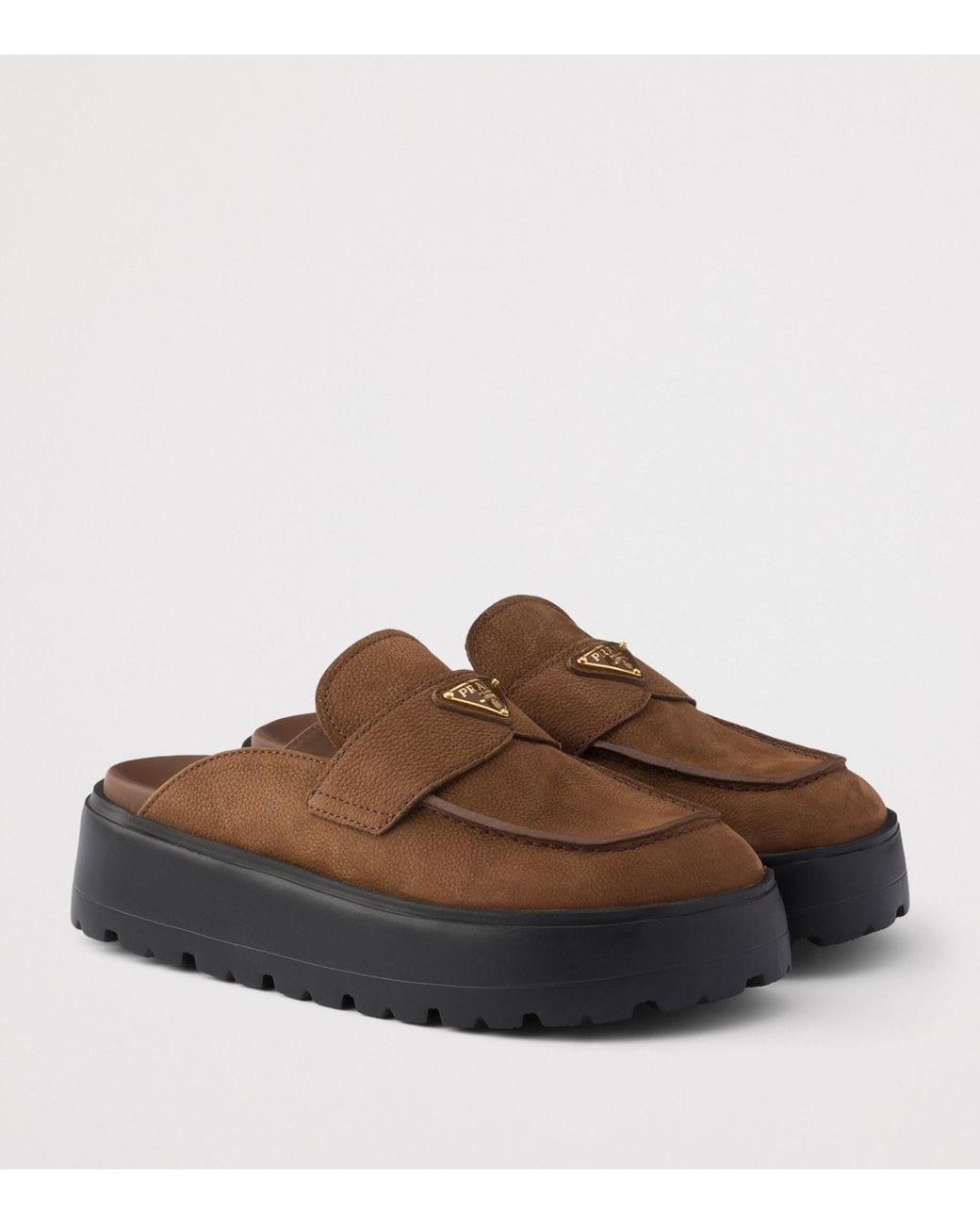 Prada Brown Nubuck Leather Flatform Mules