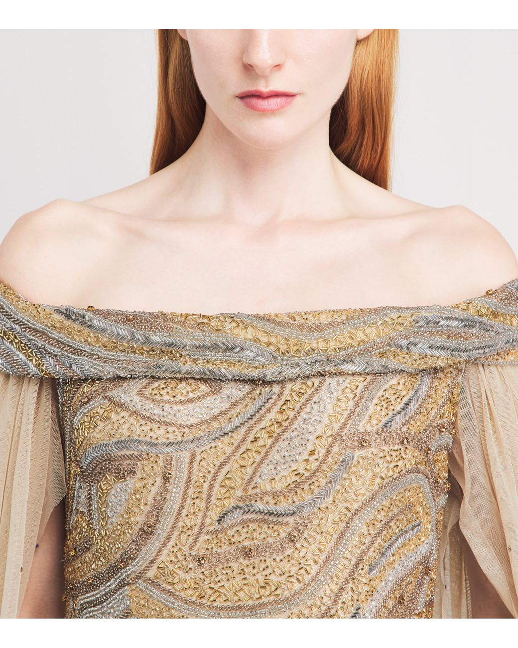 Raishma Natural Tulle Embellished Cape Gown