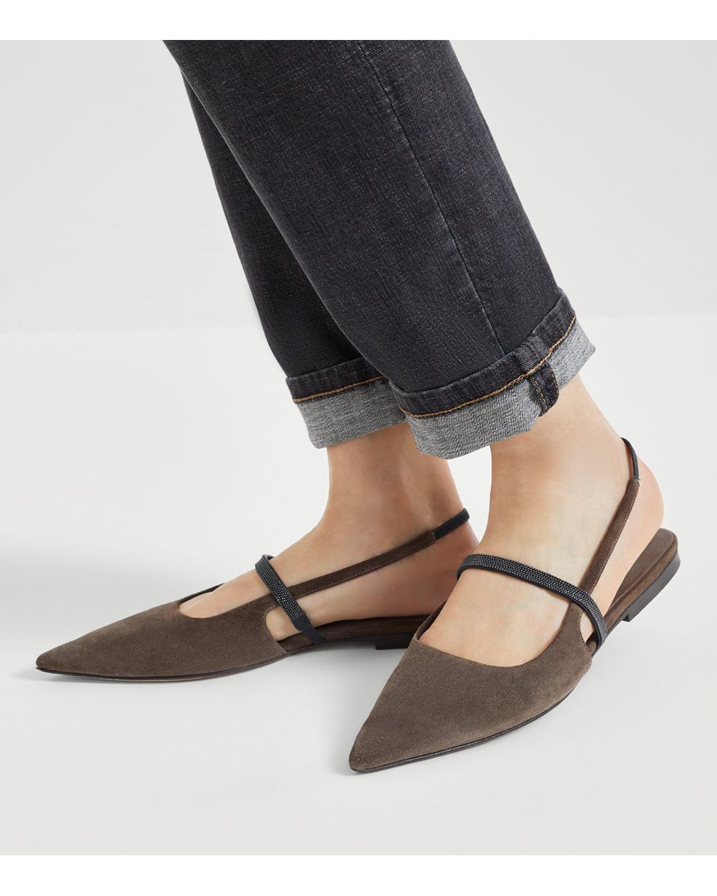 Brunello Cucinelli Brown Suede Slingback Flats