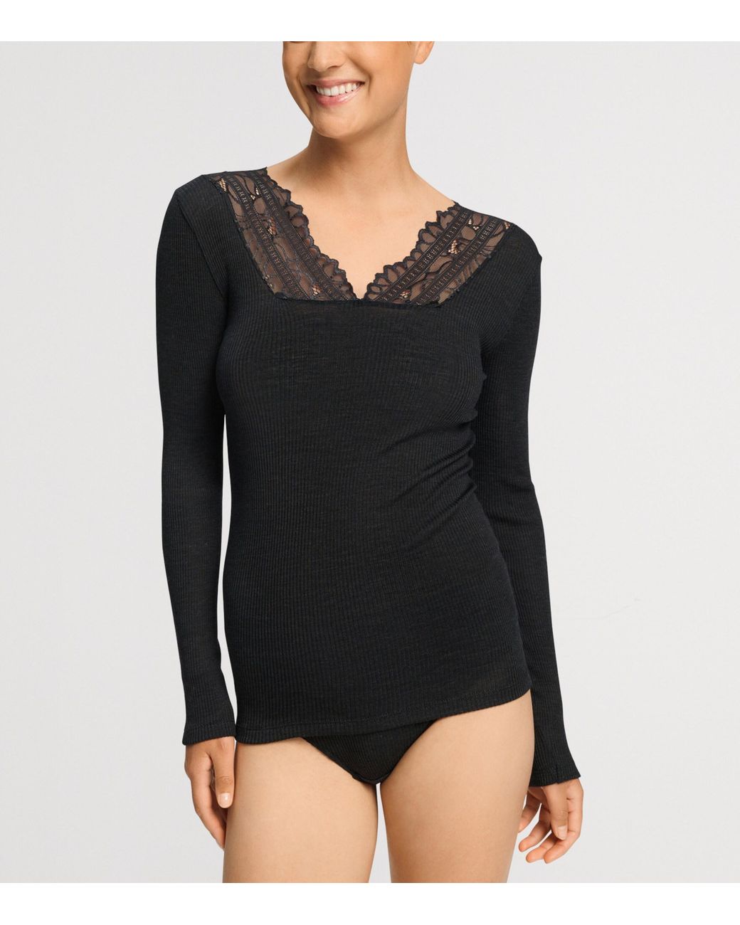 Hanro Black Wool-Silk Lace-V-Neck Top