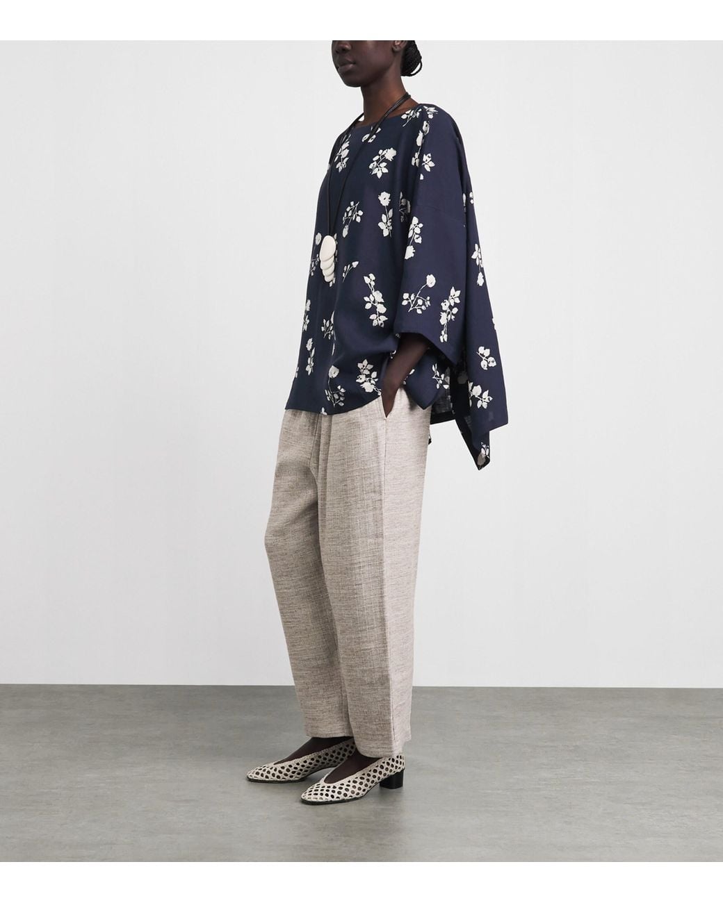 Eskandar Blue Linen Floral Boat-Neck Blouse