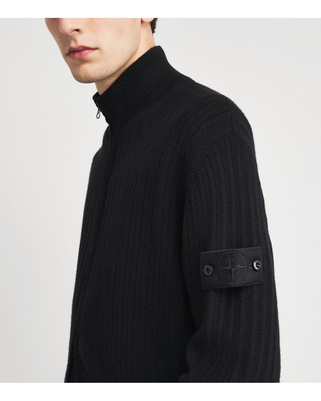 Stone Island Black Wool-Cashmere Zip-Up Cardigan for men
