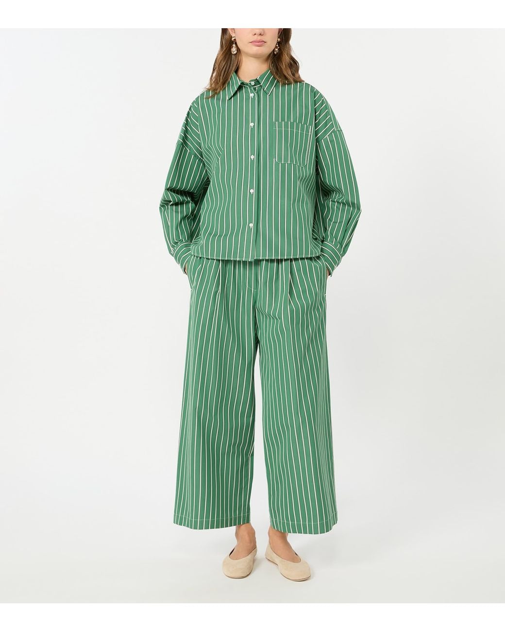 Weekend by Maxmara Green Cotton Striped Wide-Leg Trousers