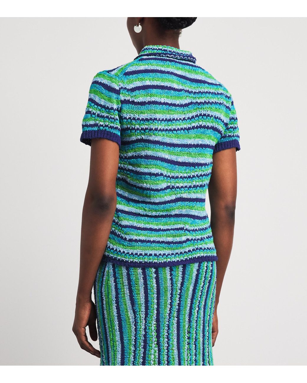 Tory Burch Blue Knitted Stripe Polo Shirt