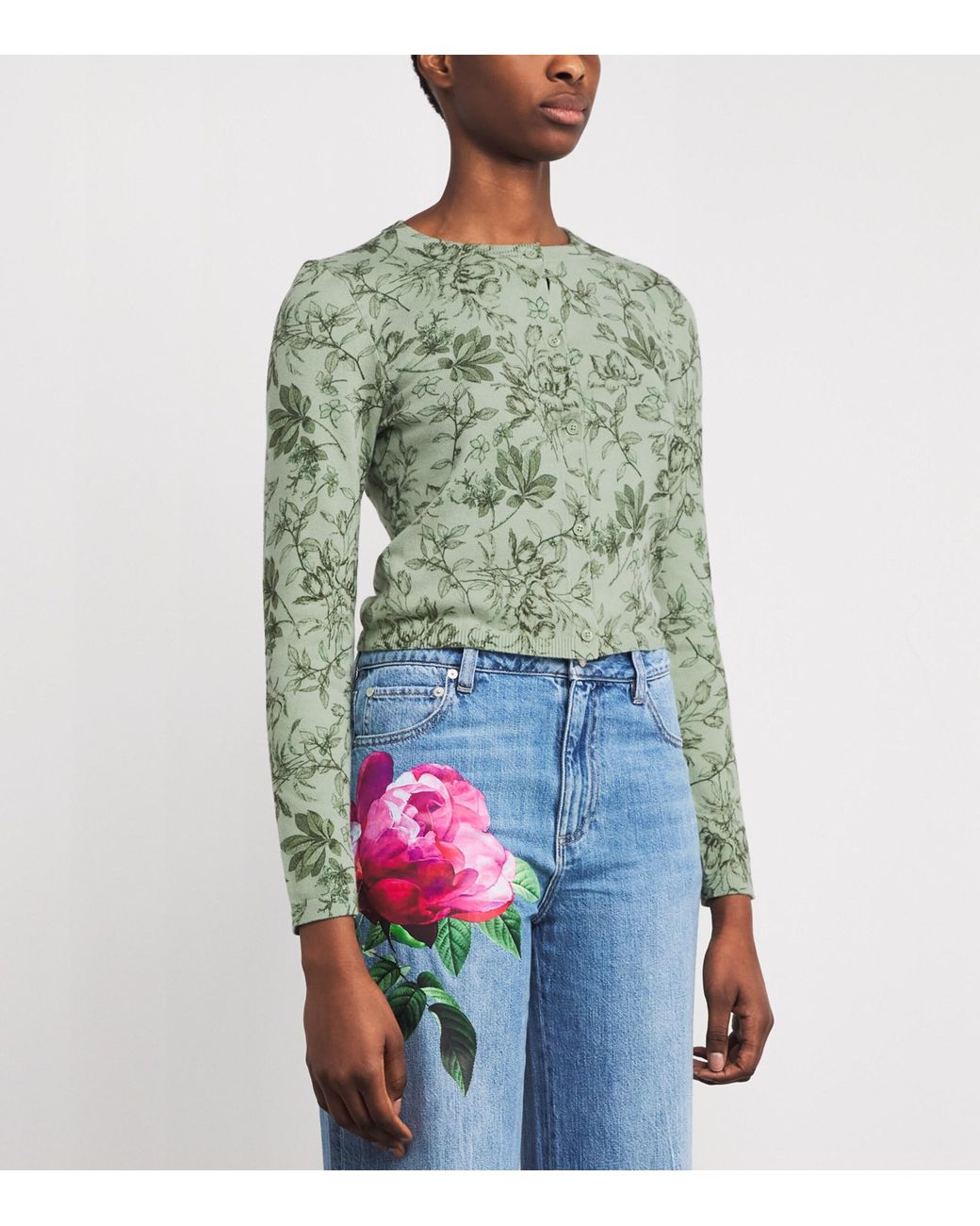 Alice + Olivia Green Cotton Printed Carson Cardigan