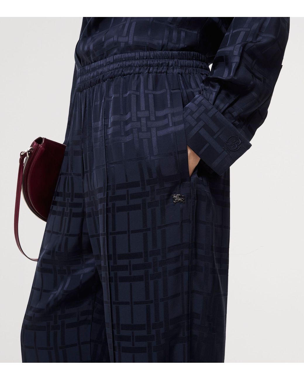 Burberry Blue Silk Check Straight-Leg Trousers