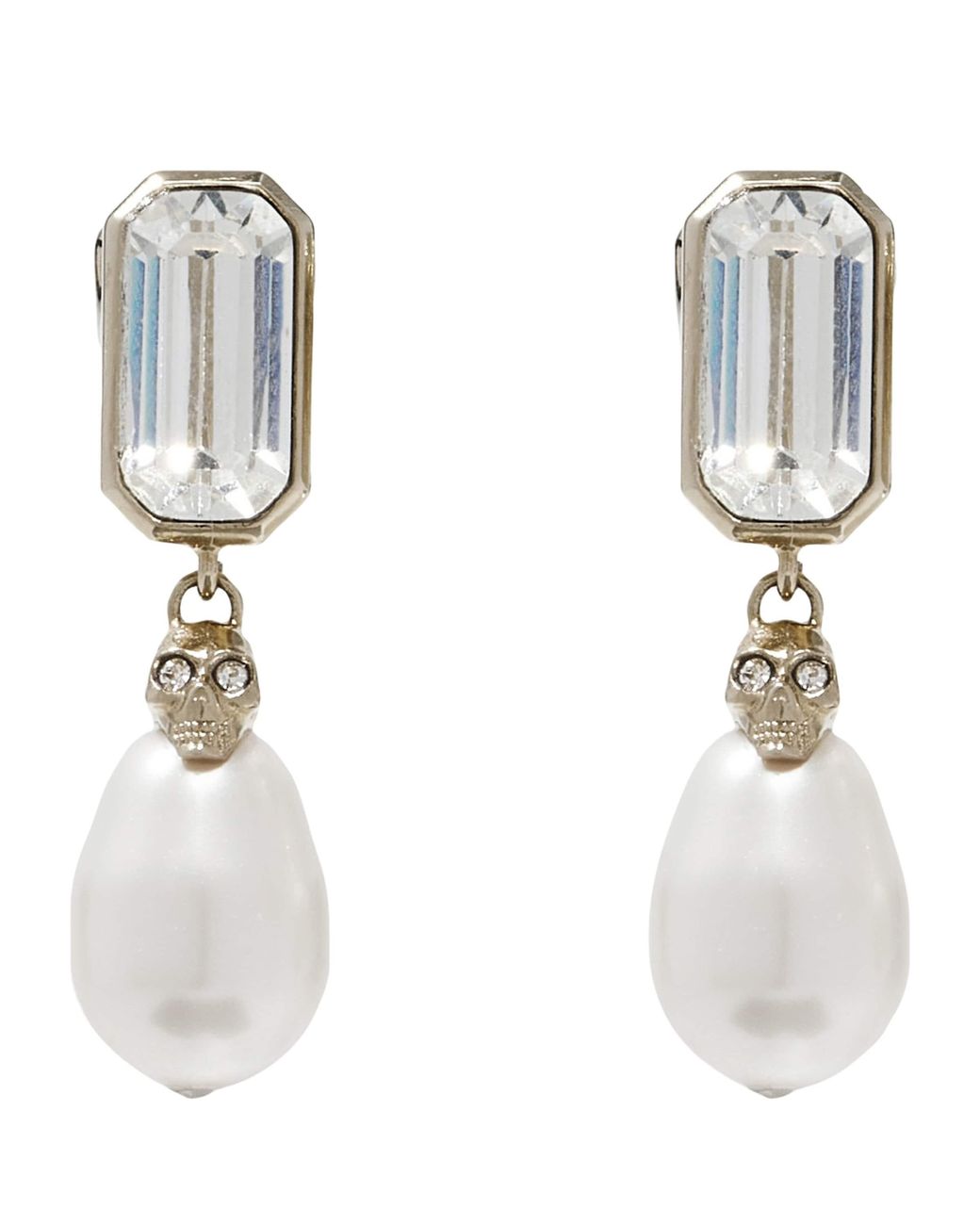 McQueen White Embellished Skull Drop Earrings