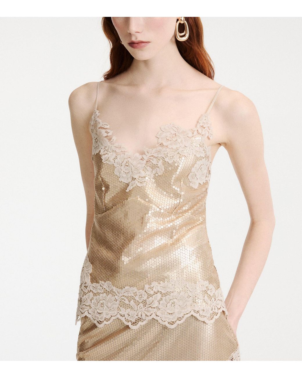 Marella Natural Sequin Lace-Trim Top