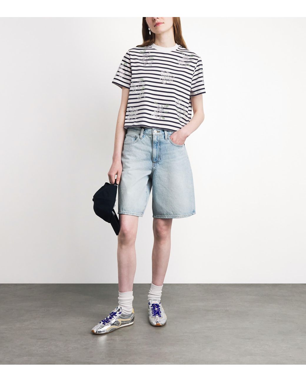 Maje White Cotton Rhinestone Stripe T-Shirt