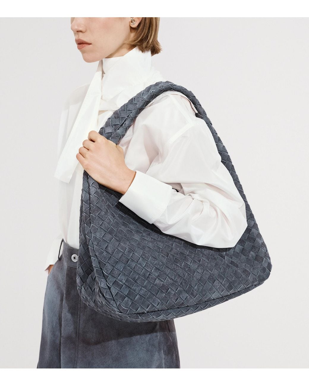 Bottega Veneta Gray Large Leather Intrecciato Campana Shoulder Bag