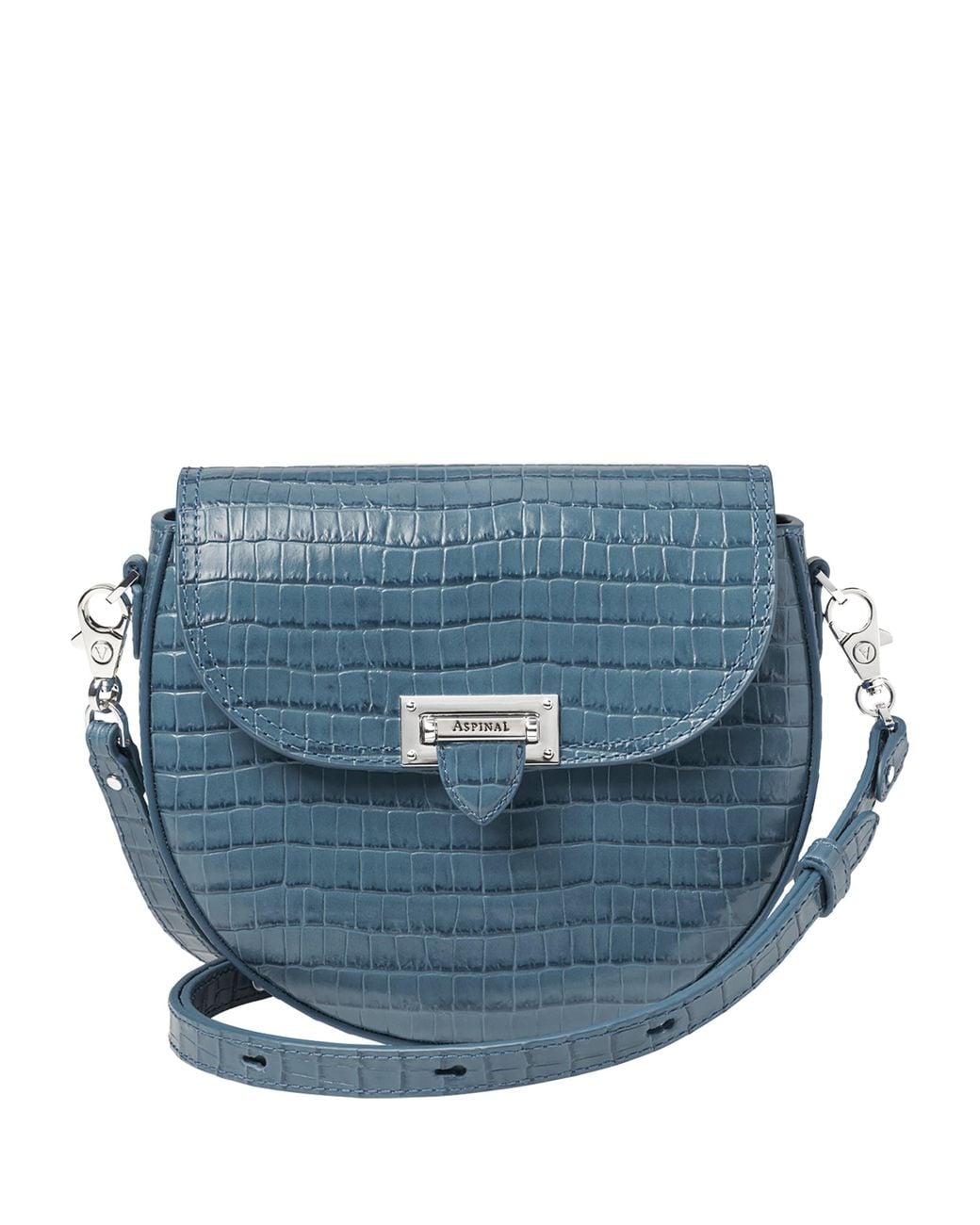 Aspinal Blue Leather Croc-Embossed Portobello Cross-Body Bag