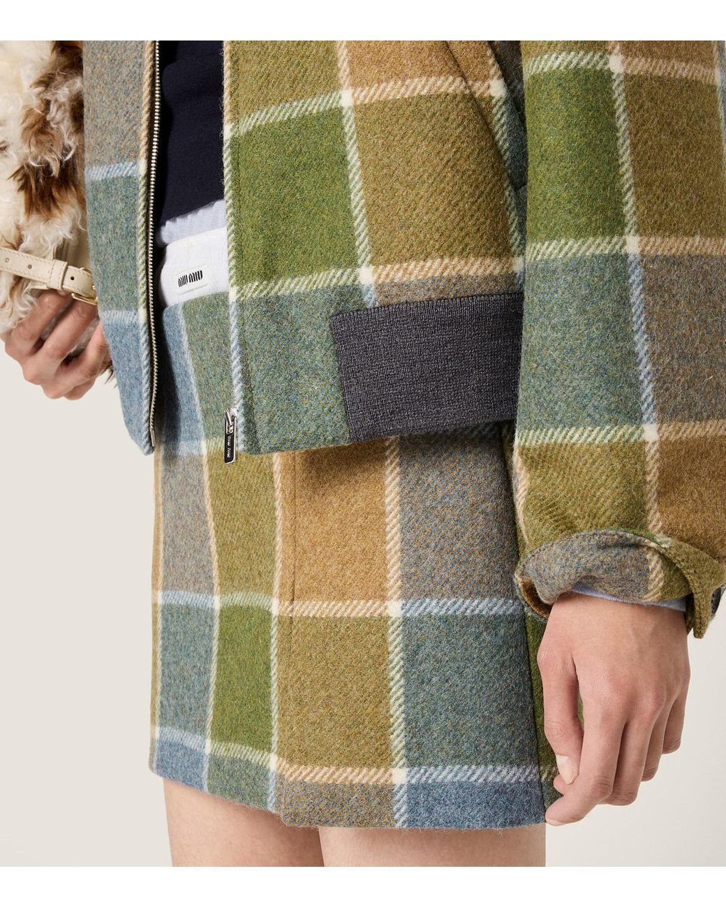 Miu Miu Green Wool Check Bomber Jacket