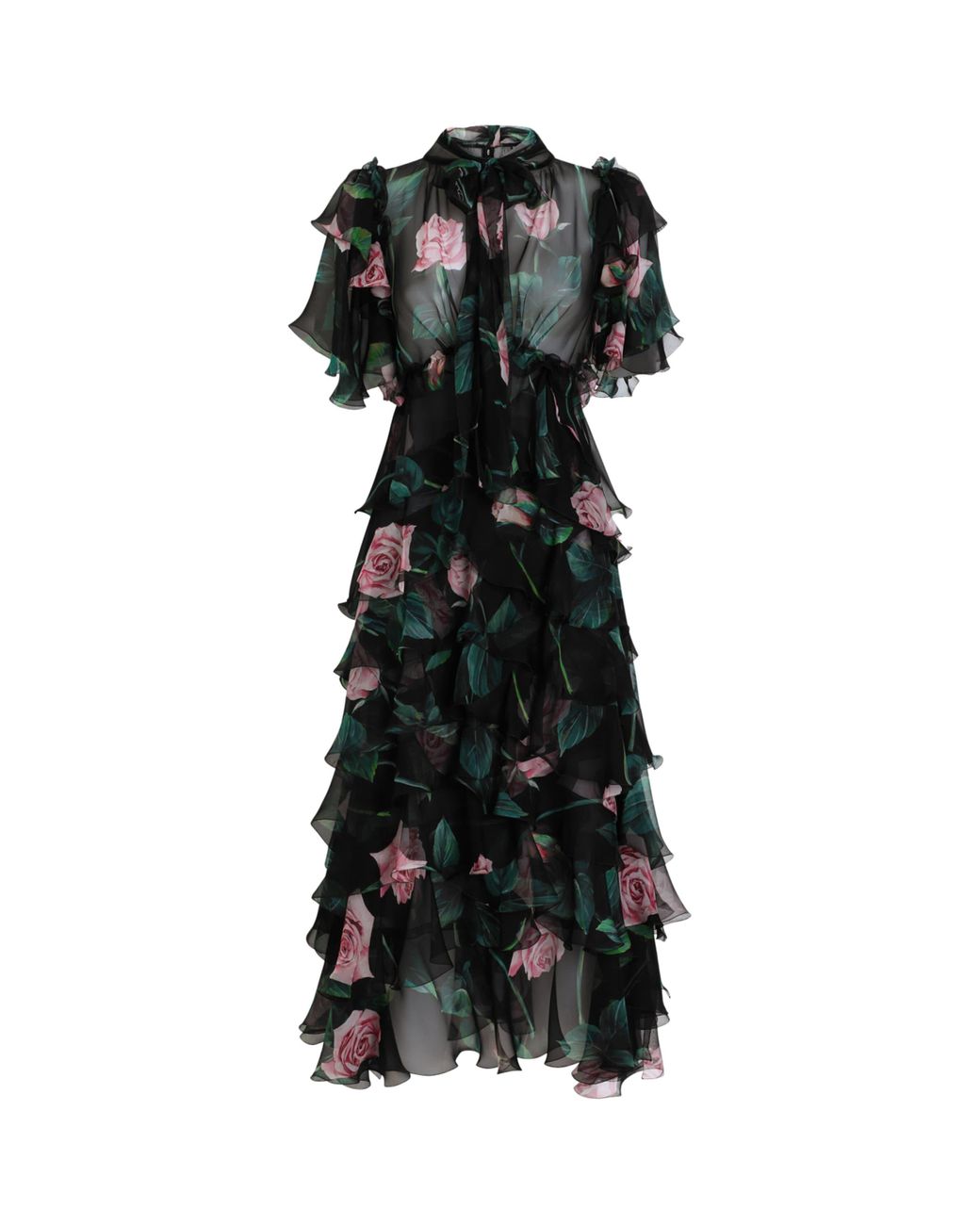 Dolce & Gabbana Black Rose- Chiffon Calf-Length Dress With Ruffles And Flounces